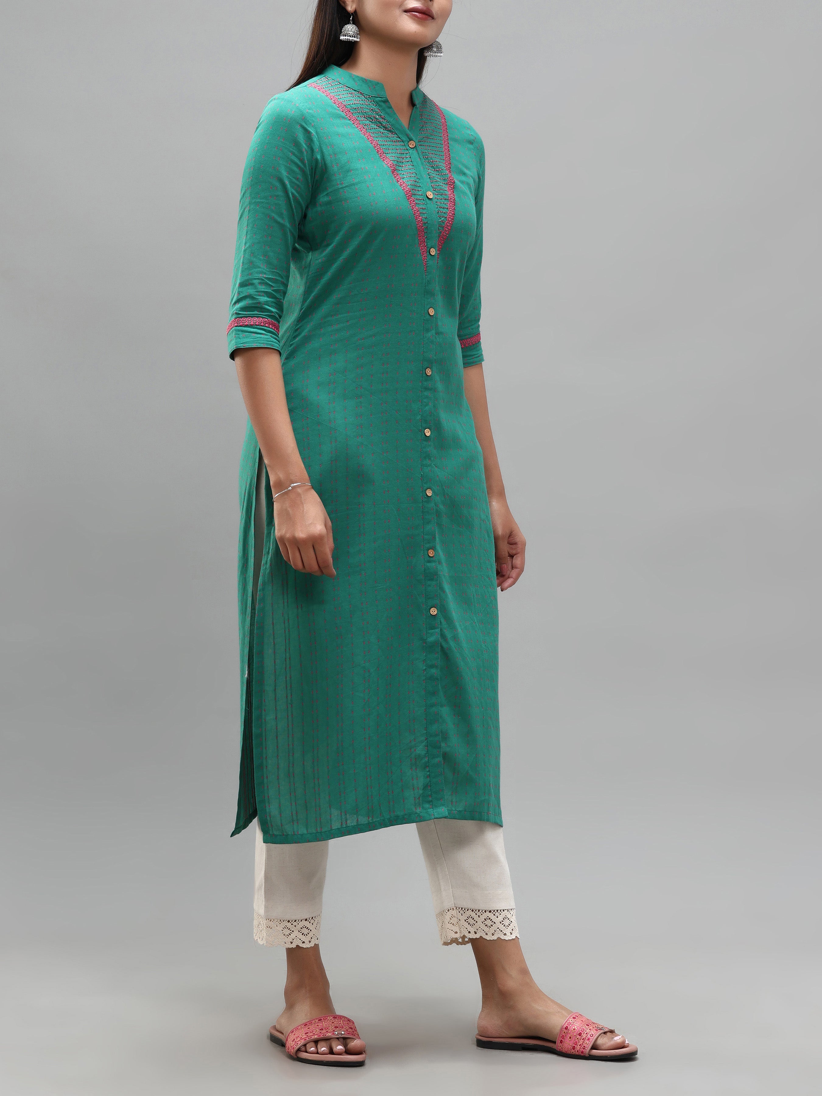 Rama Green Cotton Dobby Kurti With Embroidery