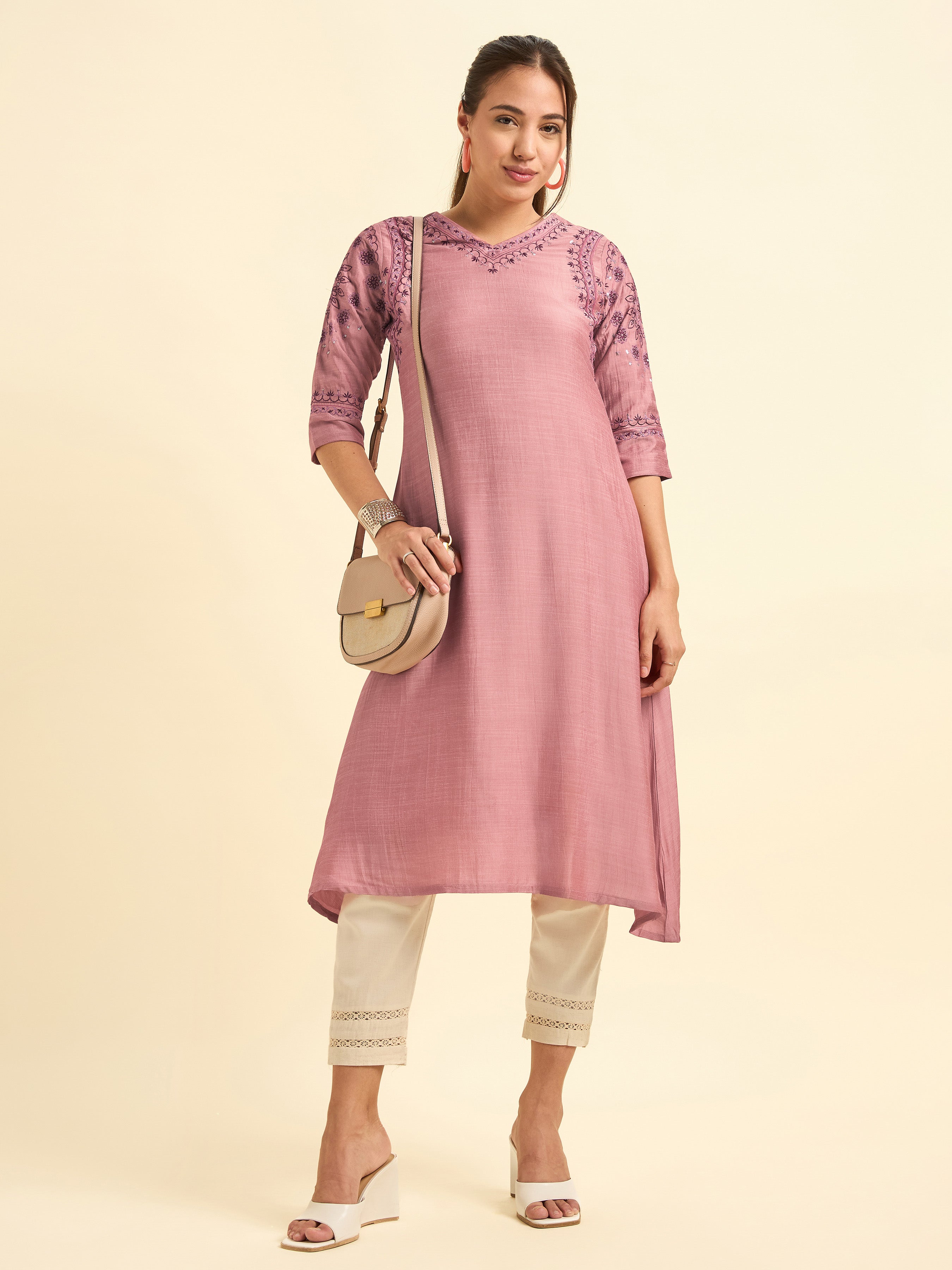 Onion Pink Viscose Blend Plain Flared Kurti Set With Embroidery And Sequins Work