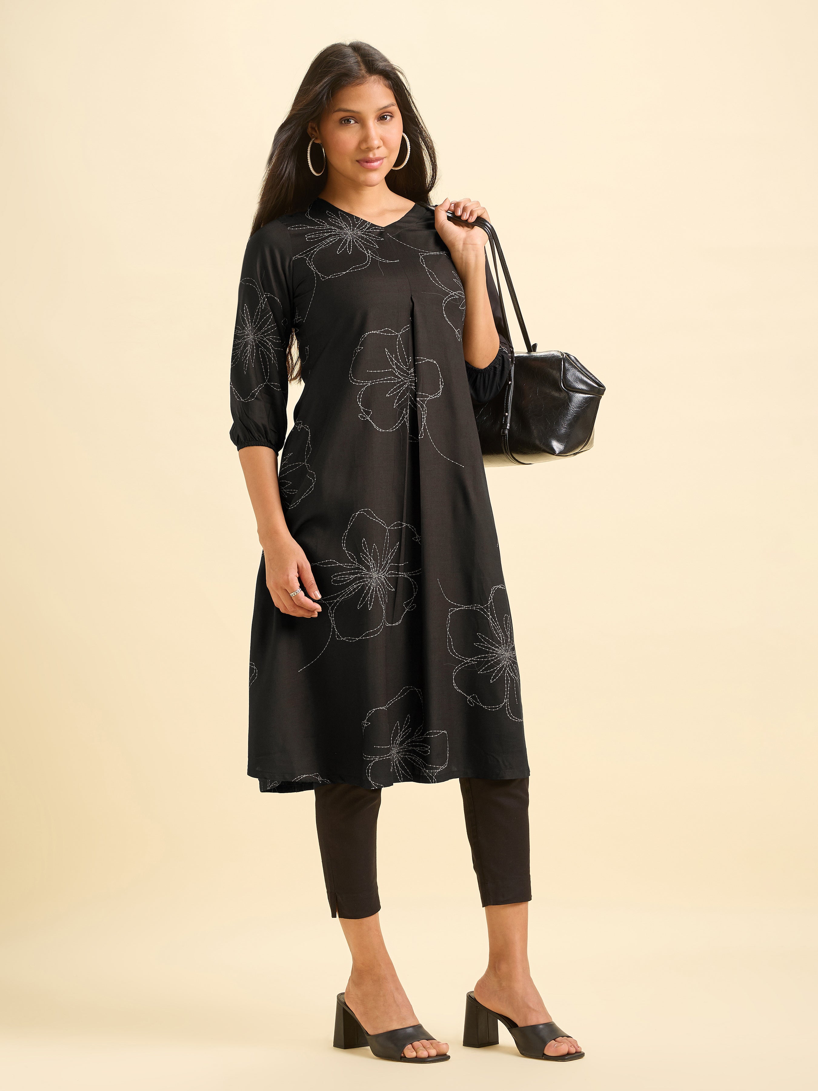 Black And White Tencel Printed Flared Kurti With Box Plaet