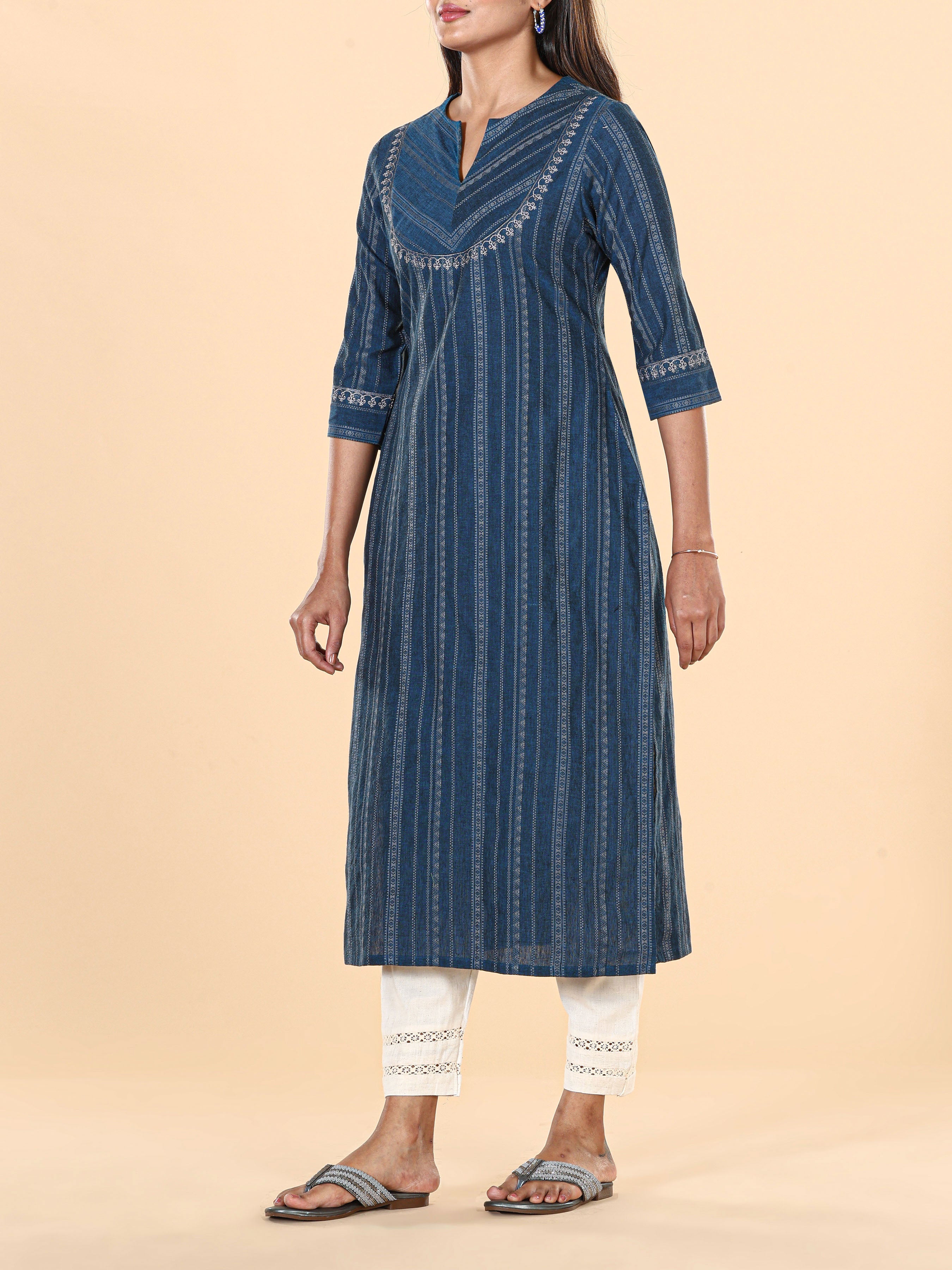 Denim Blue Cotton Dobby Kurti With Embroidery