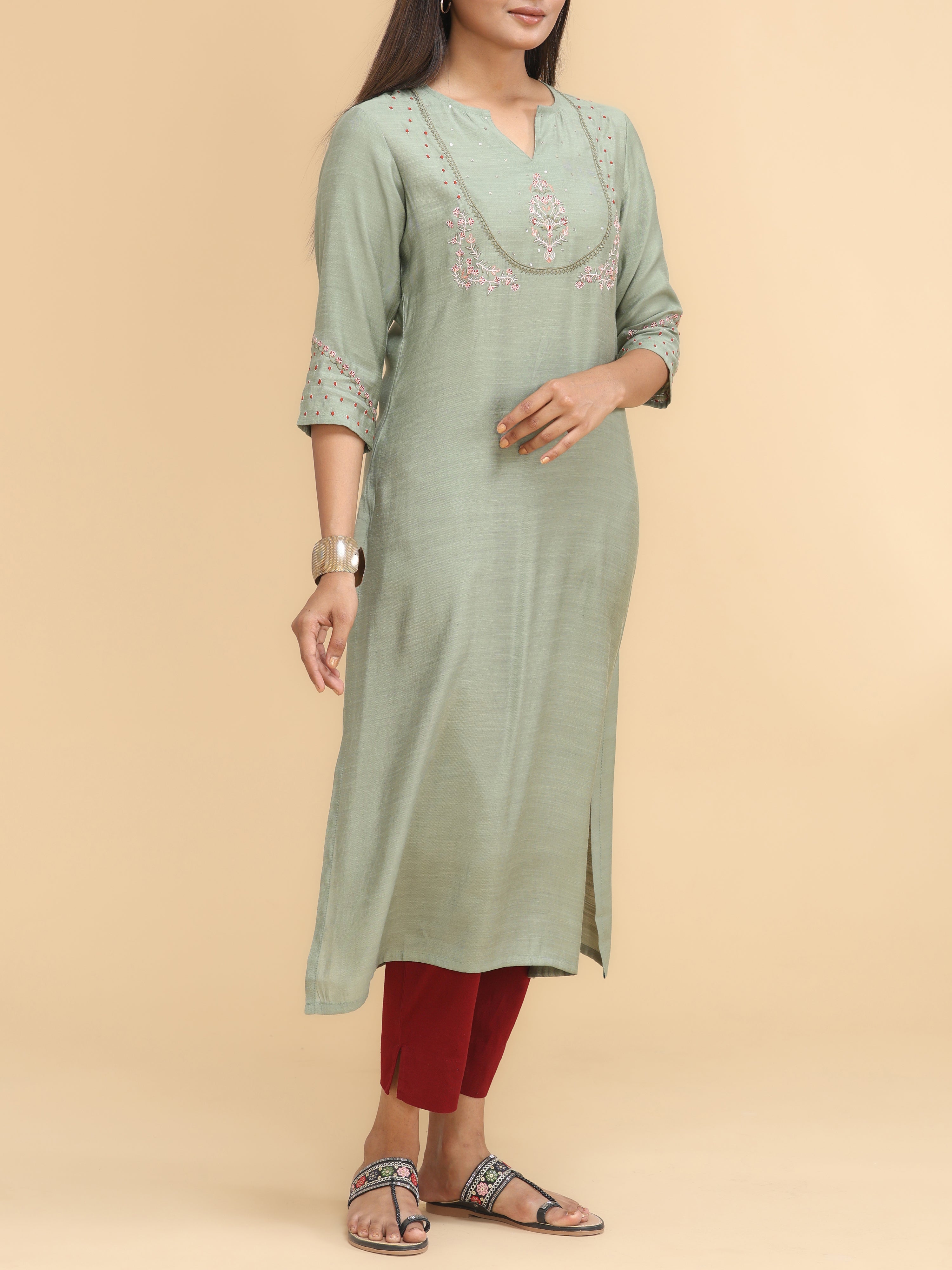 Pista Green Viscose Slub Kurti With Embroidery