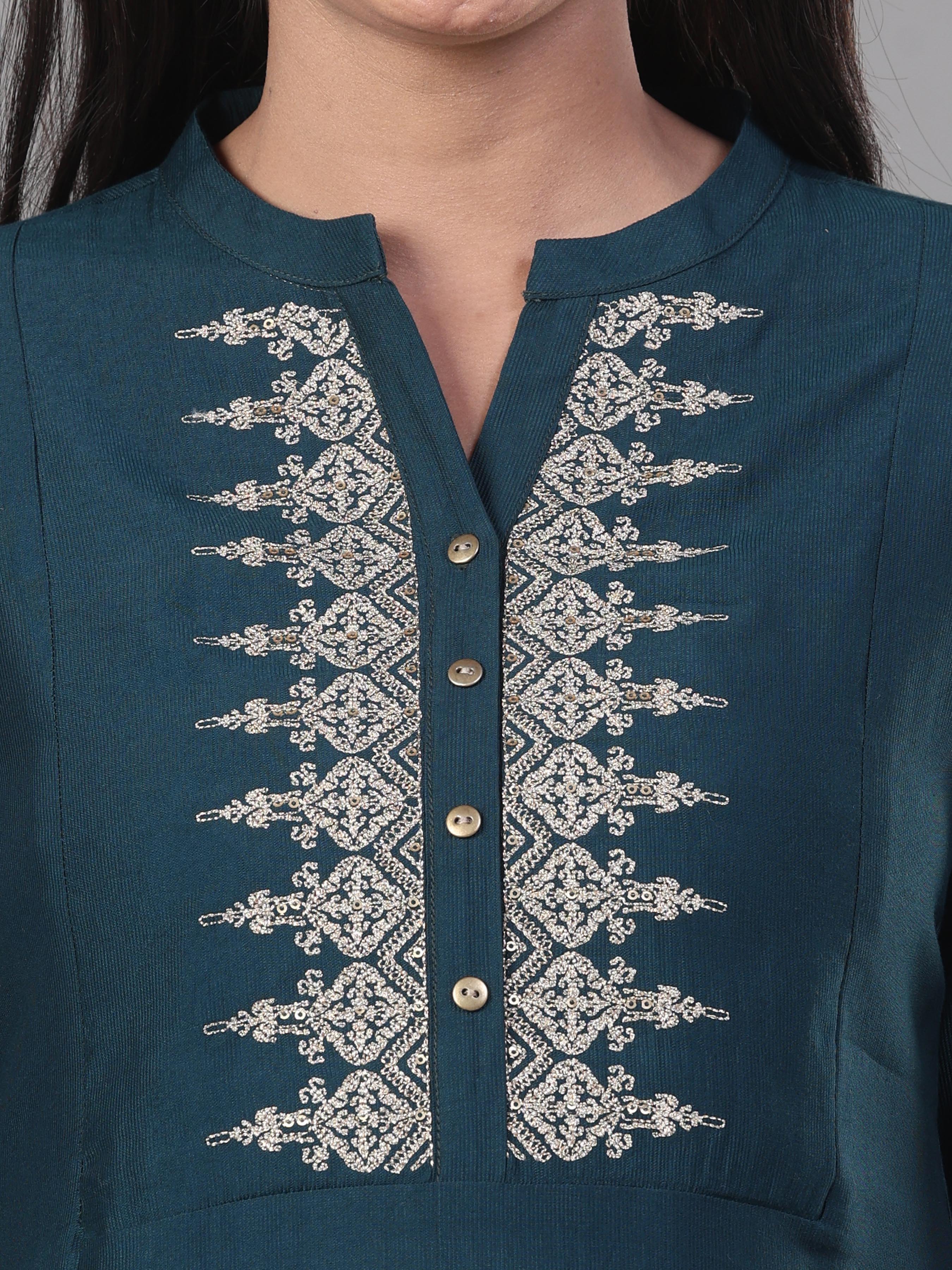 Teal Blue Denting Viscose Kurti With Embroidery And Sequins Work