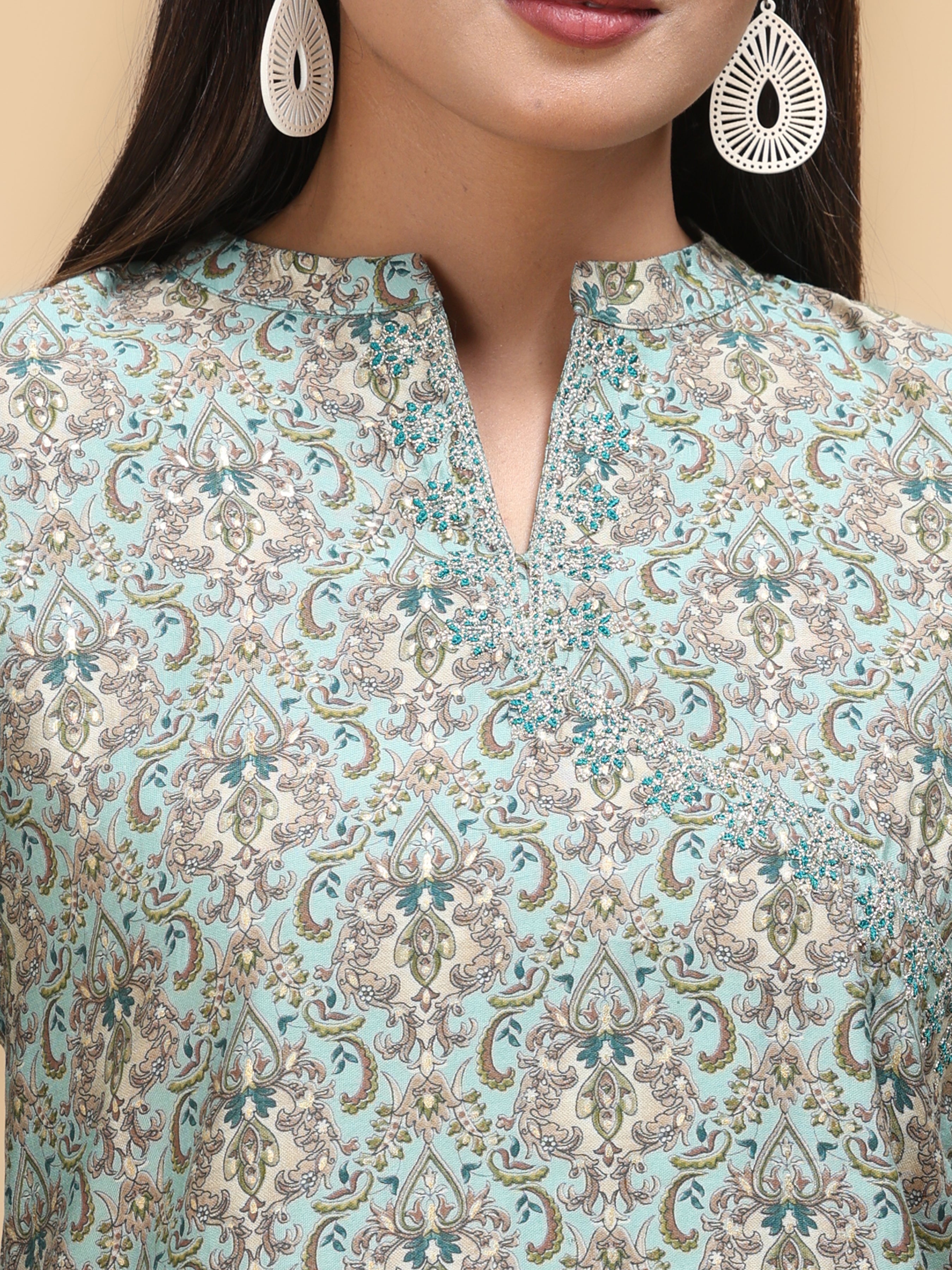 Aqua Green Modal Chanderi Kurti With Print