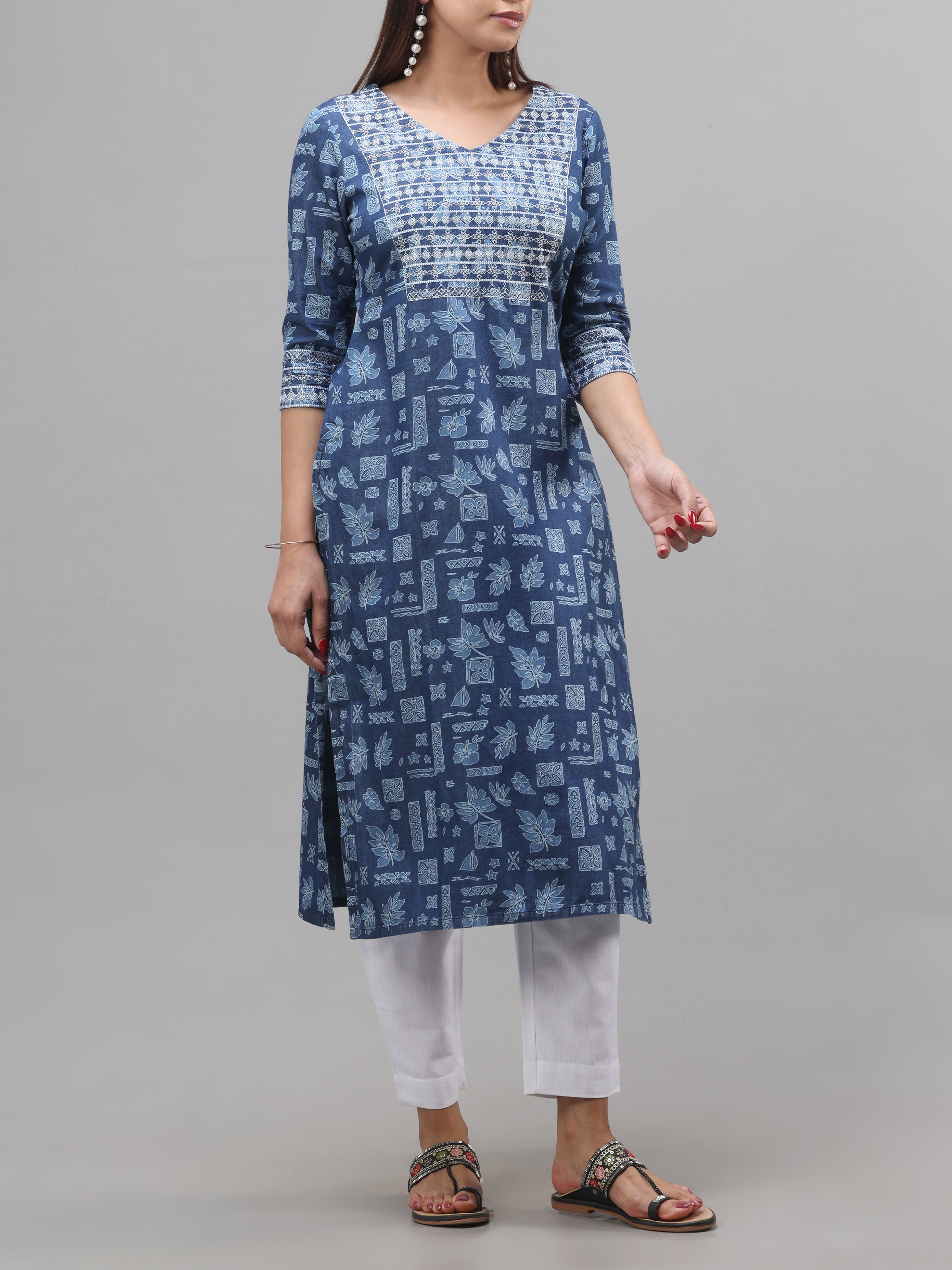 Denim Printed Kurti With Embroidery
