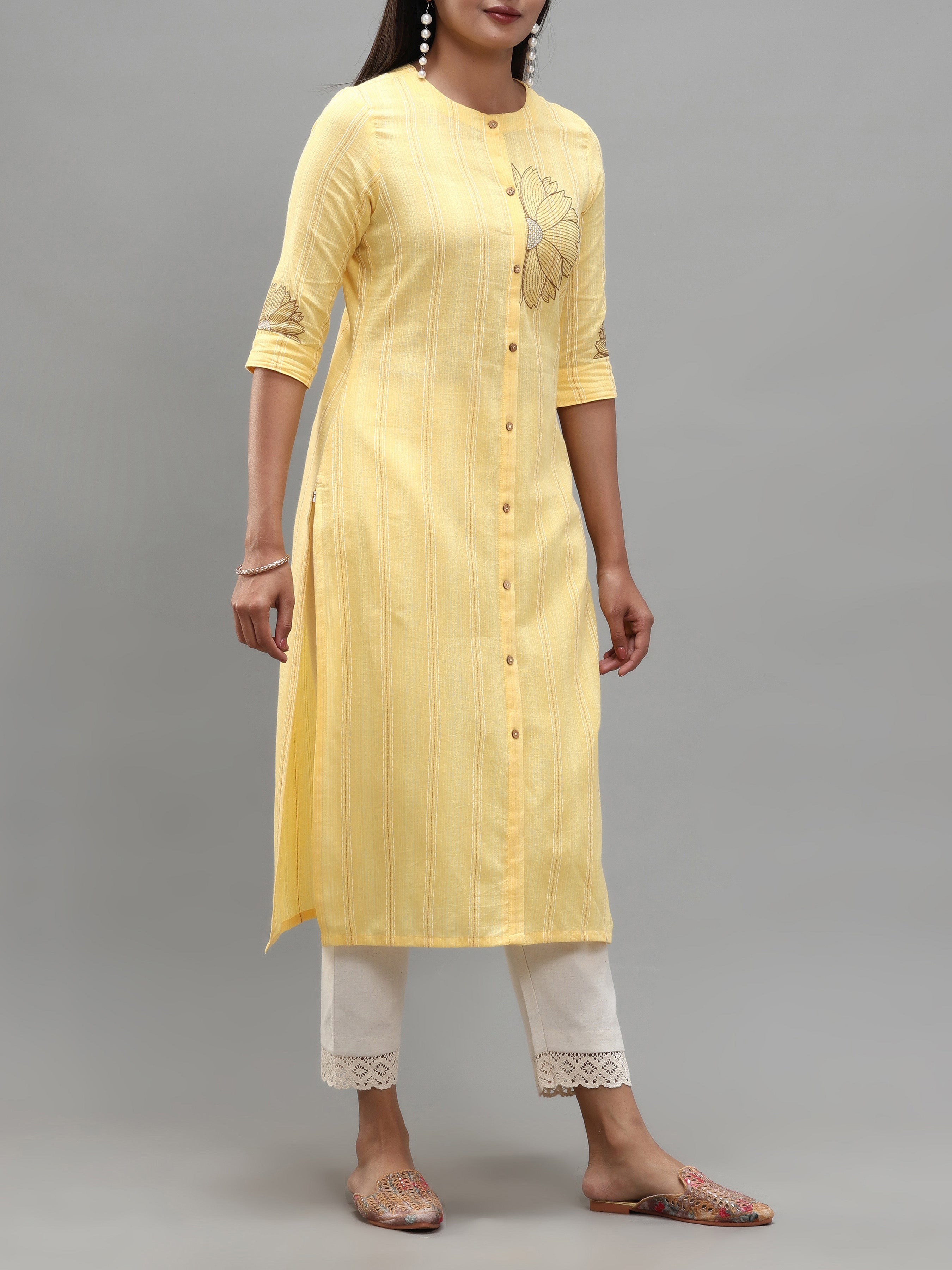 Pale Yellow Cotton Dobby Kurti With Embroidery