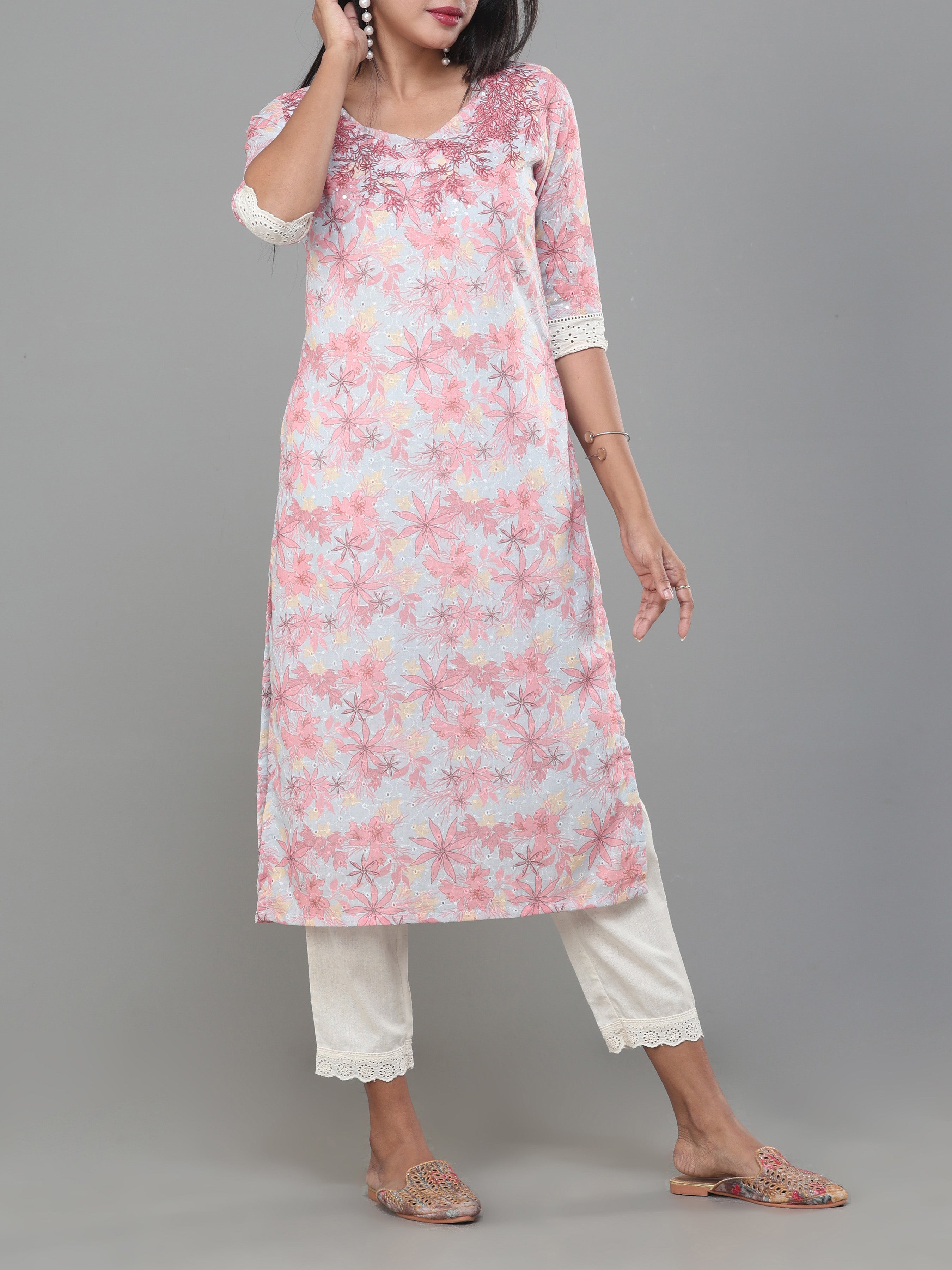 Multi Colour Poly Cotton Schiffli Printed Kurti With Embroidery And Matching Bottom