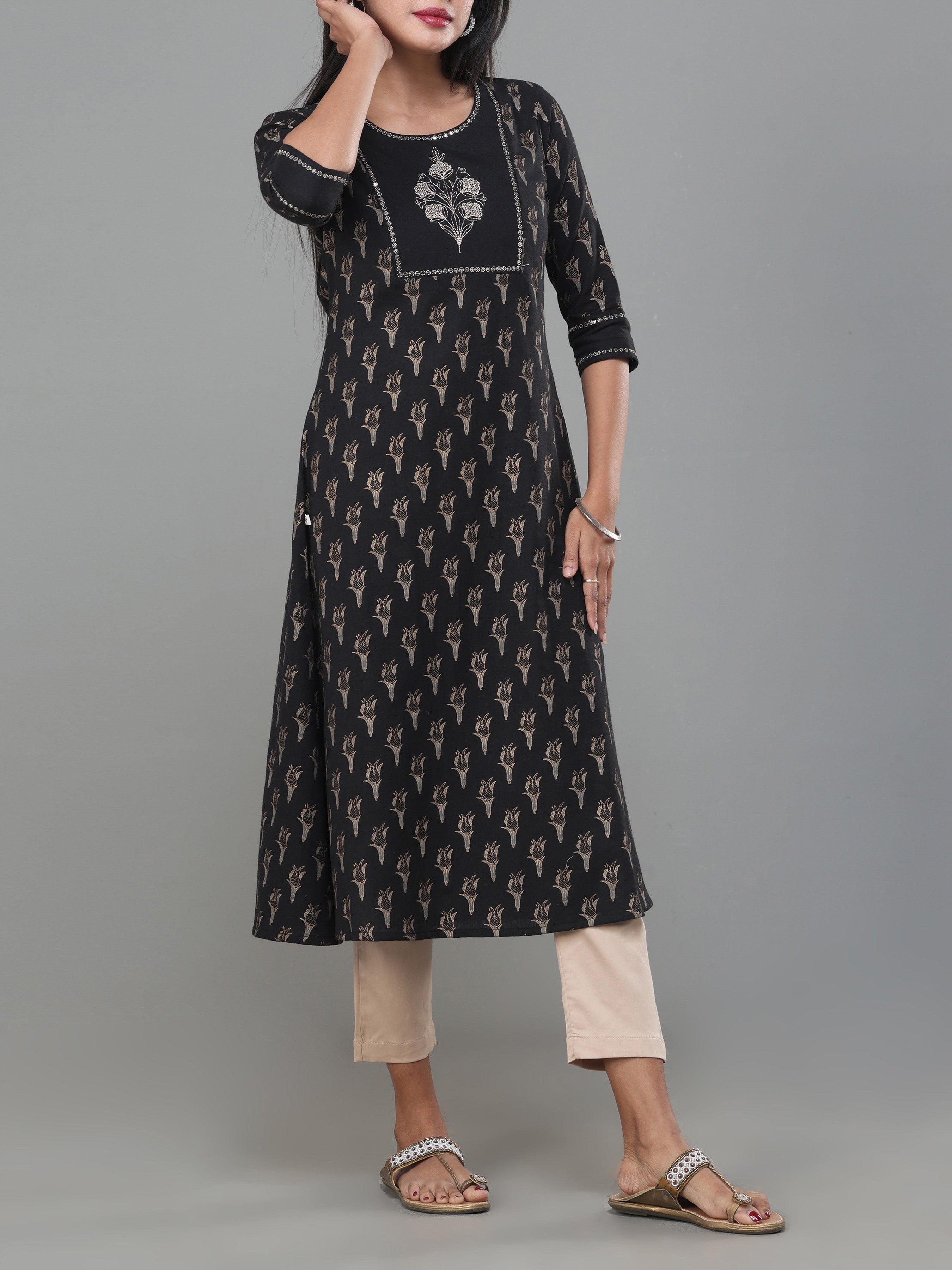 Black Cotton Flax Printed Kurti With Embroidery