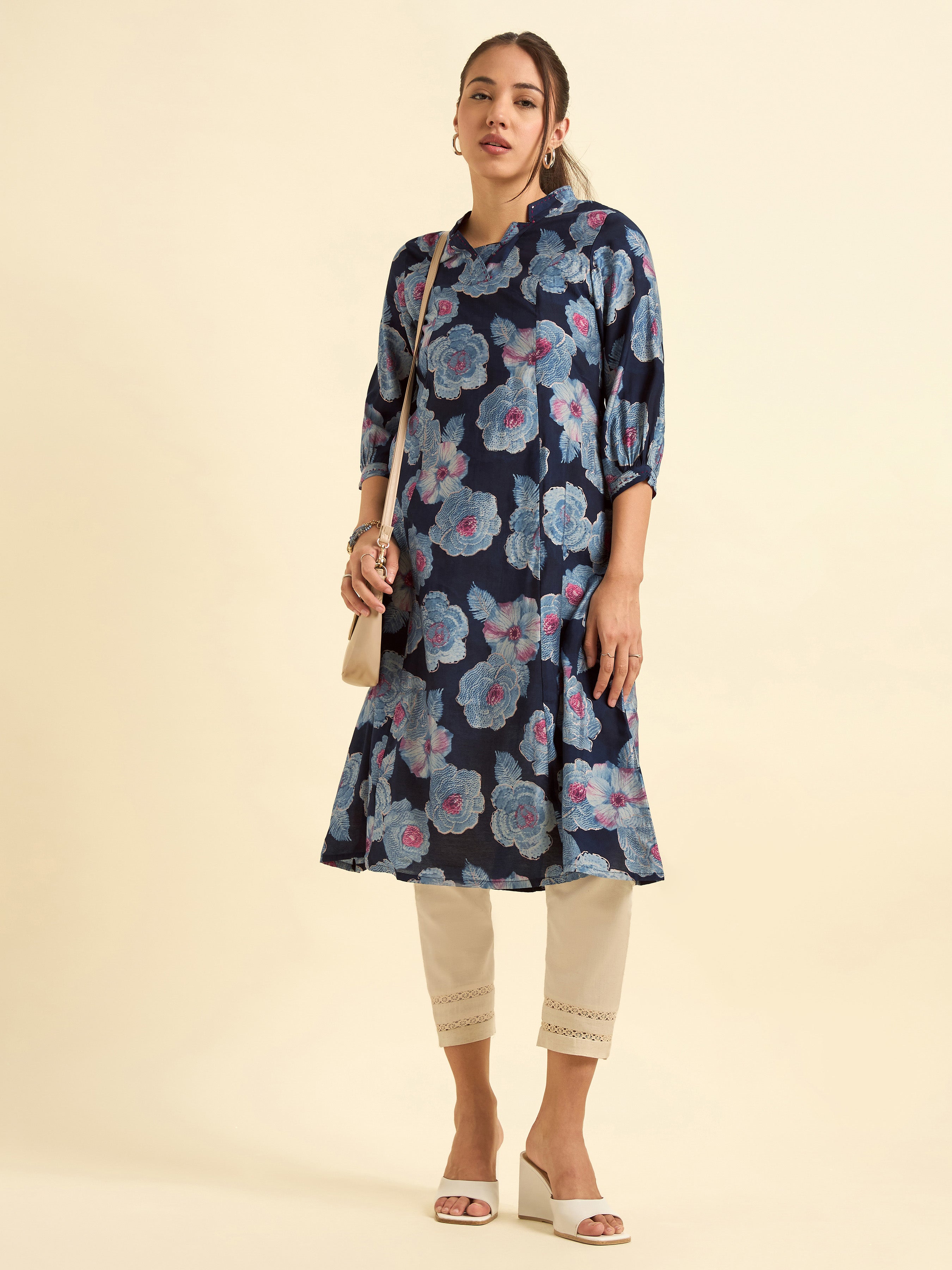 Navy Blue Modal Chanderi Princess Cut Printed Kurti With Embroidery And Sequins Work