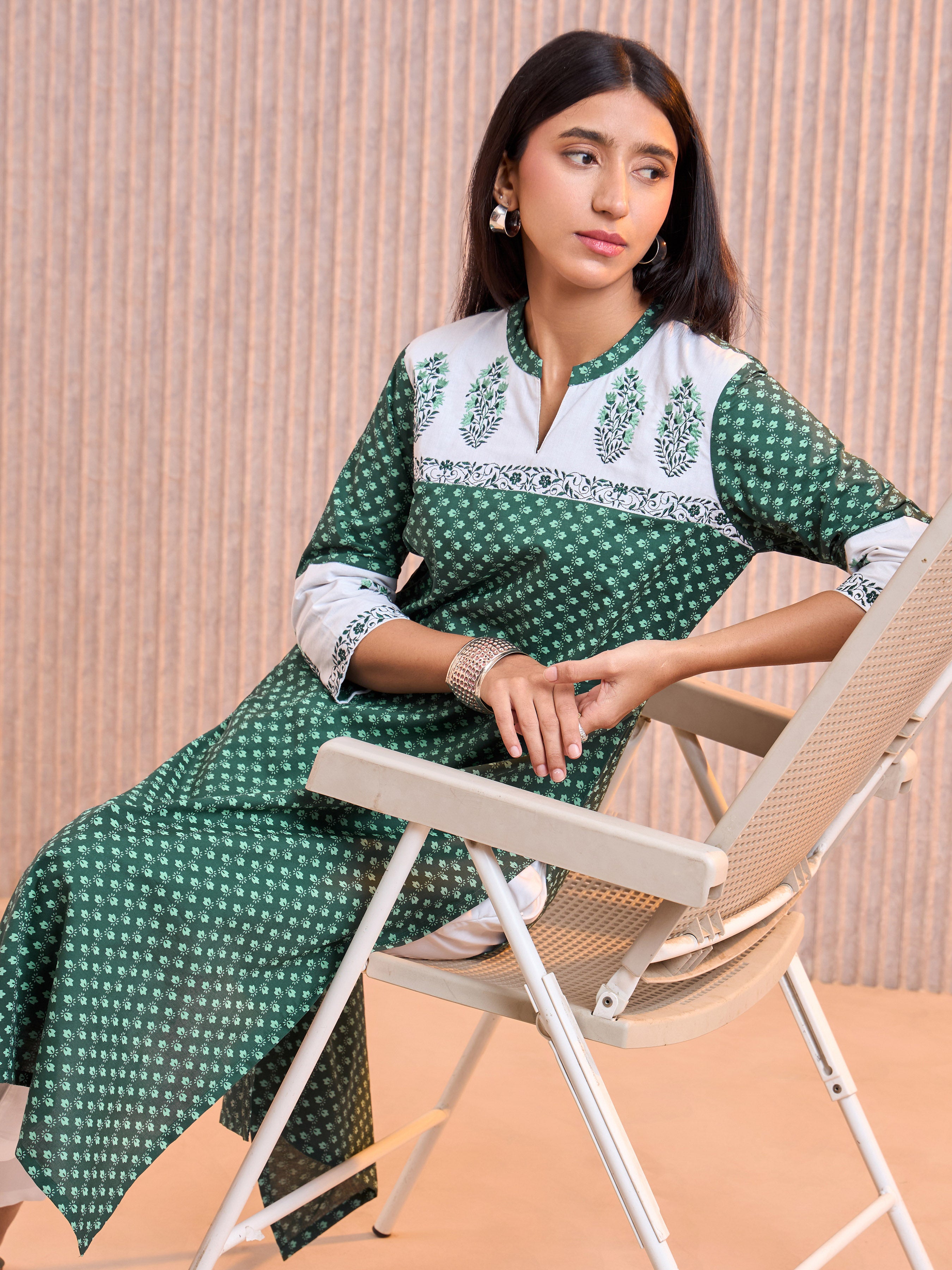 Green And White Pure Cotton Printed Kurti With Embroidery