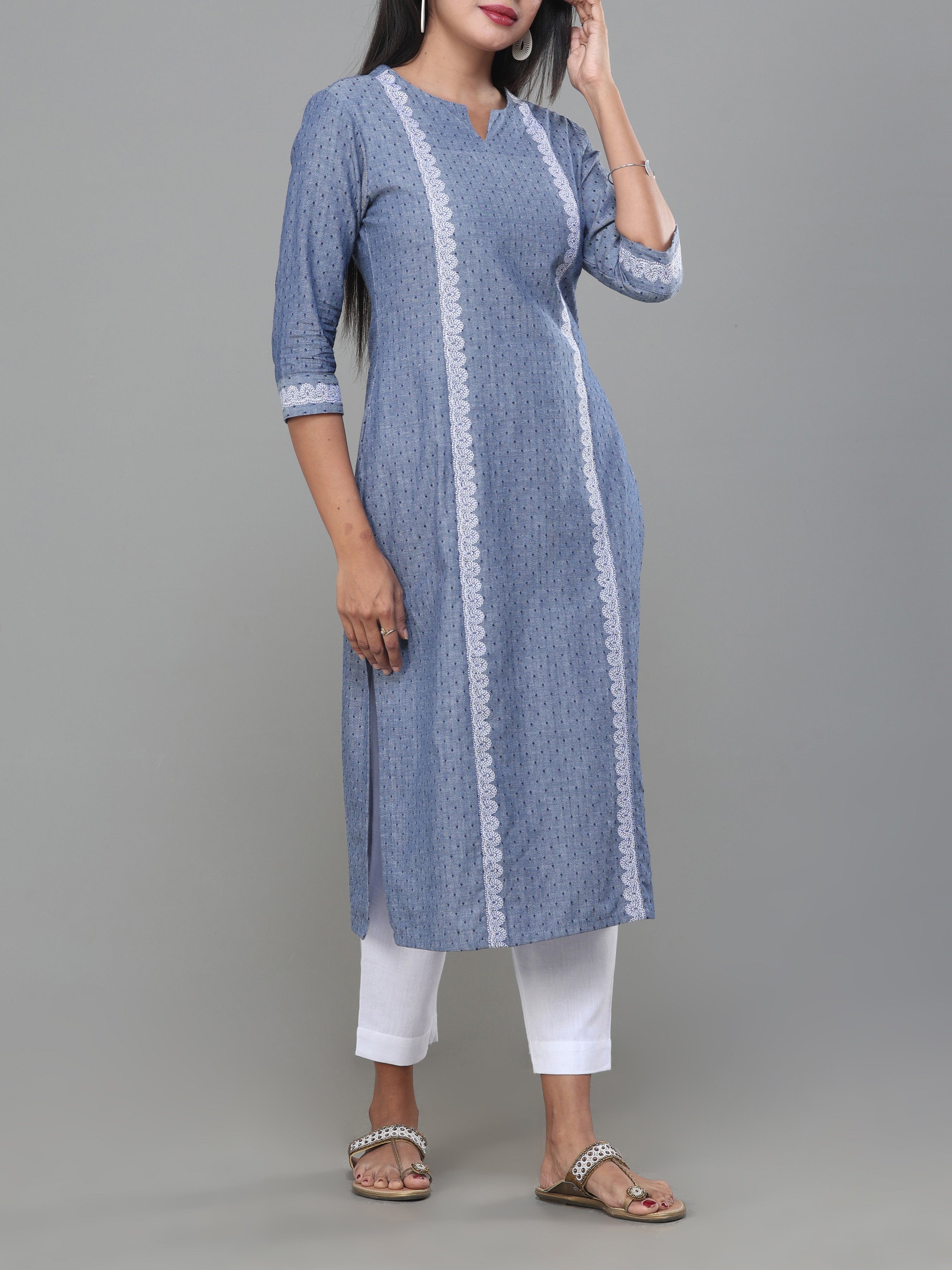 Denimblue Cotton Dobby Kurti With Embroidery