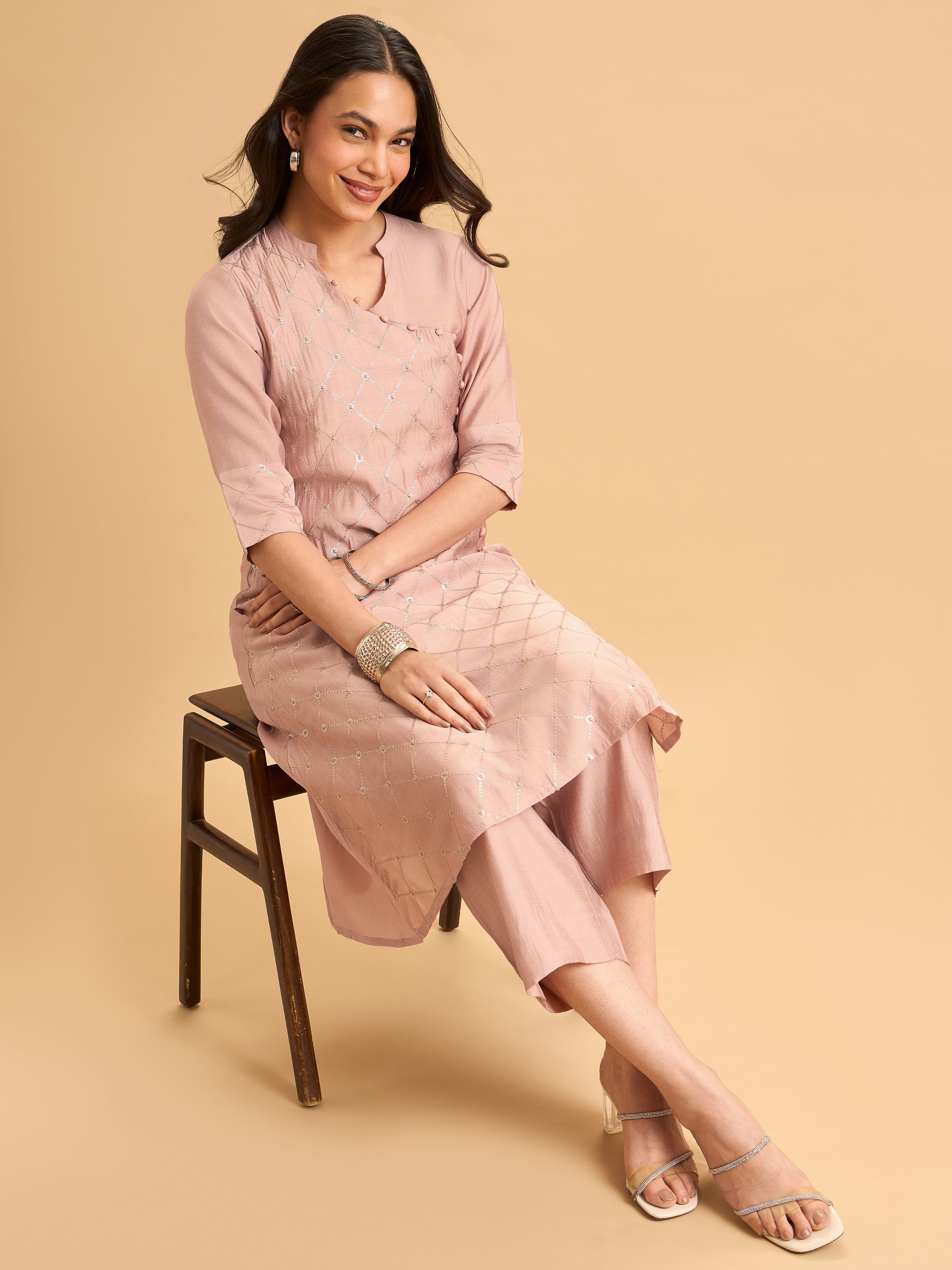 Onion Pink Viscose Plain Kurti Set With Hand Work Embroidery