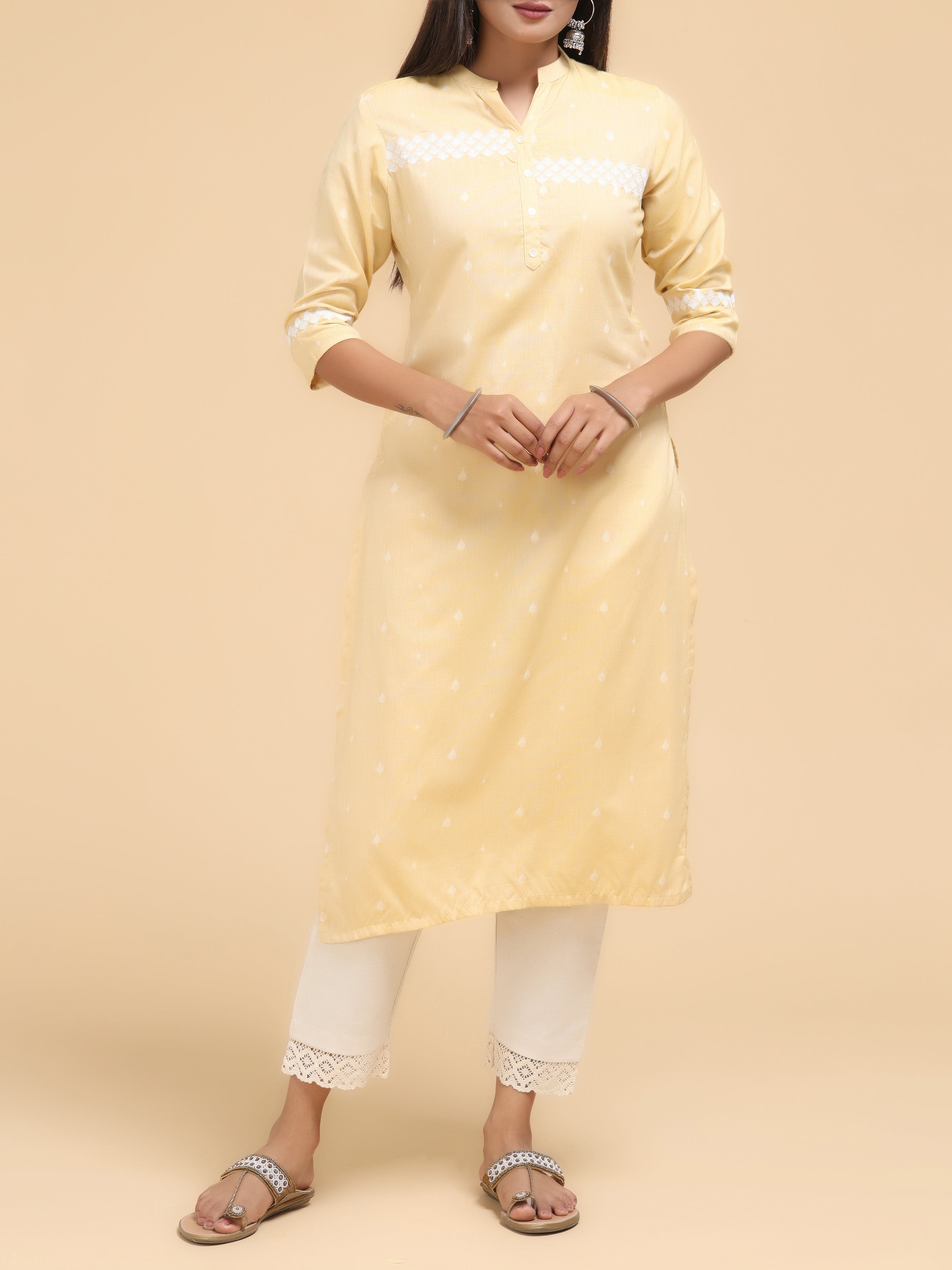 Lemon Yellow Pure Cotton Kurti With Embroidery