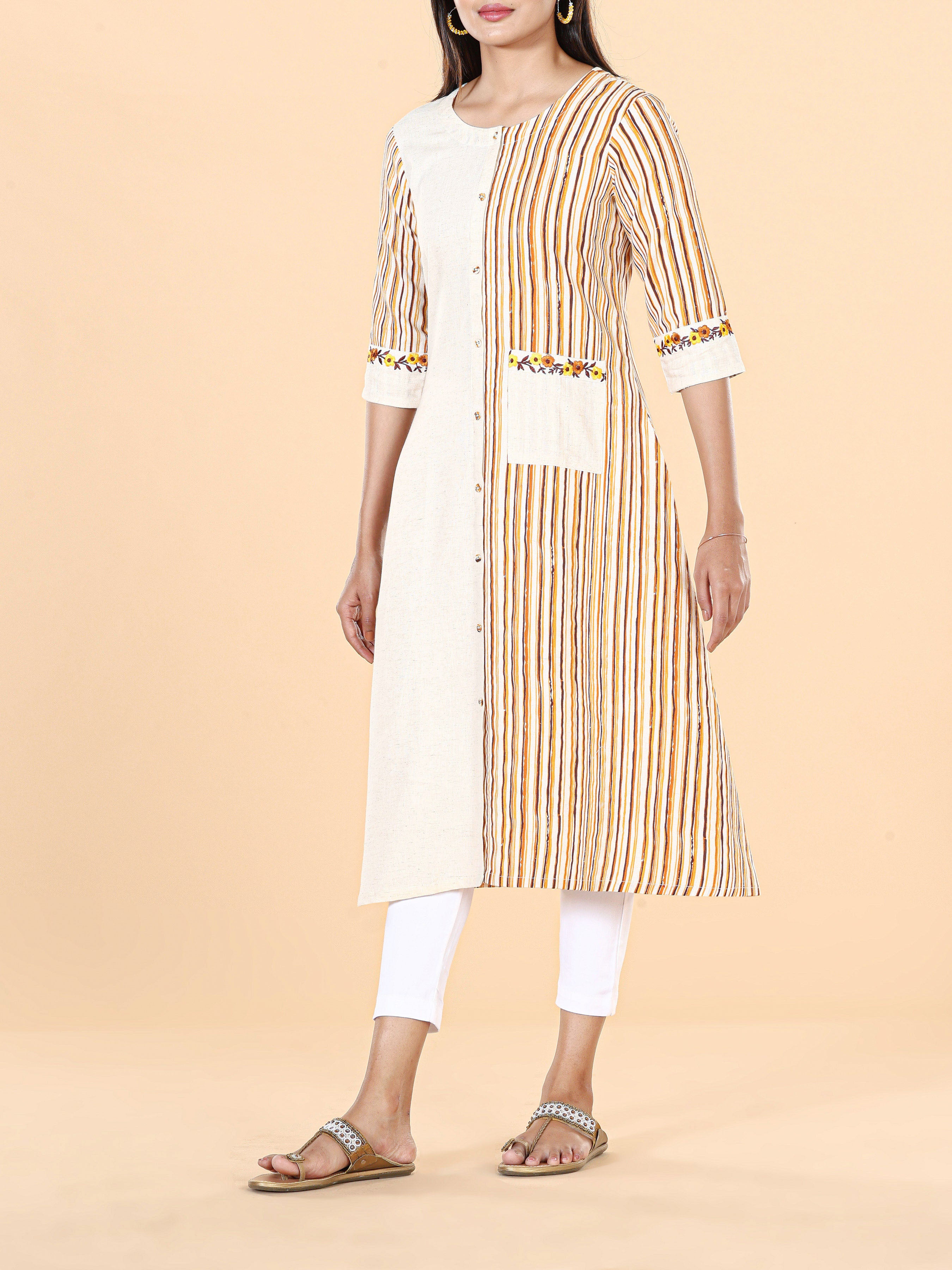 Multi-Color Cotton Flax Printed Kurti With Embroidery