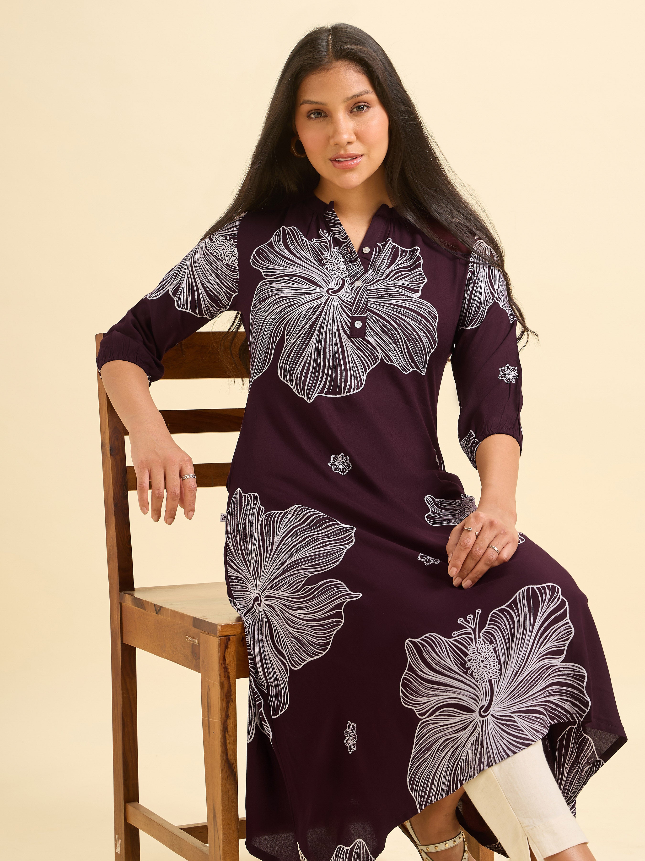 Wine Red And White Viscose Printed Flared Kurti