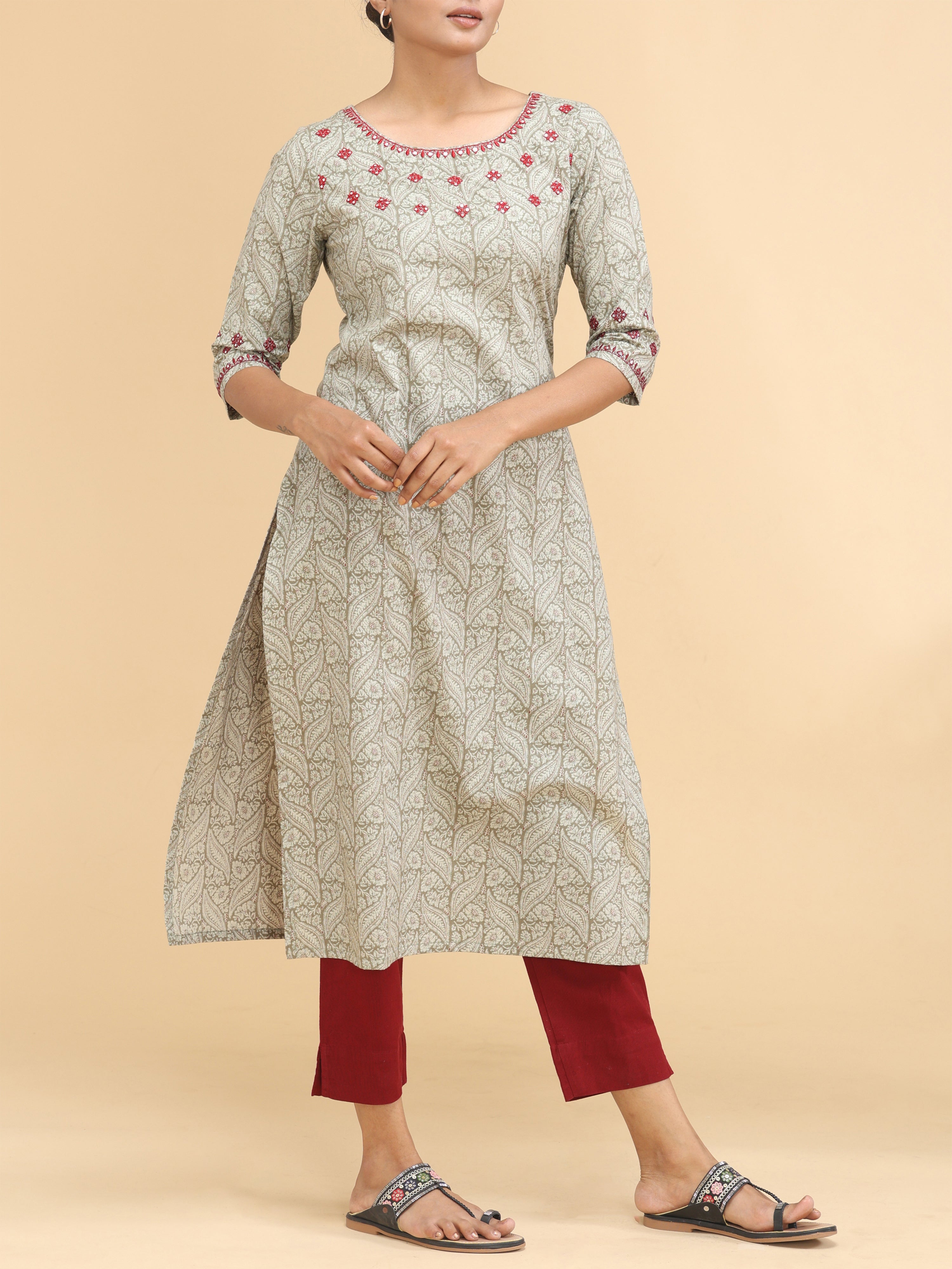 Beige Pure Cotton Printed Kurti With Embroidery