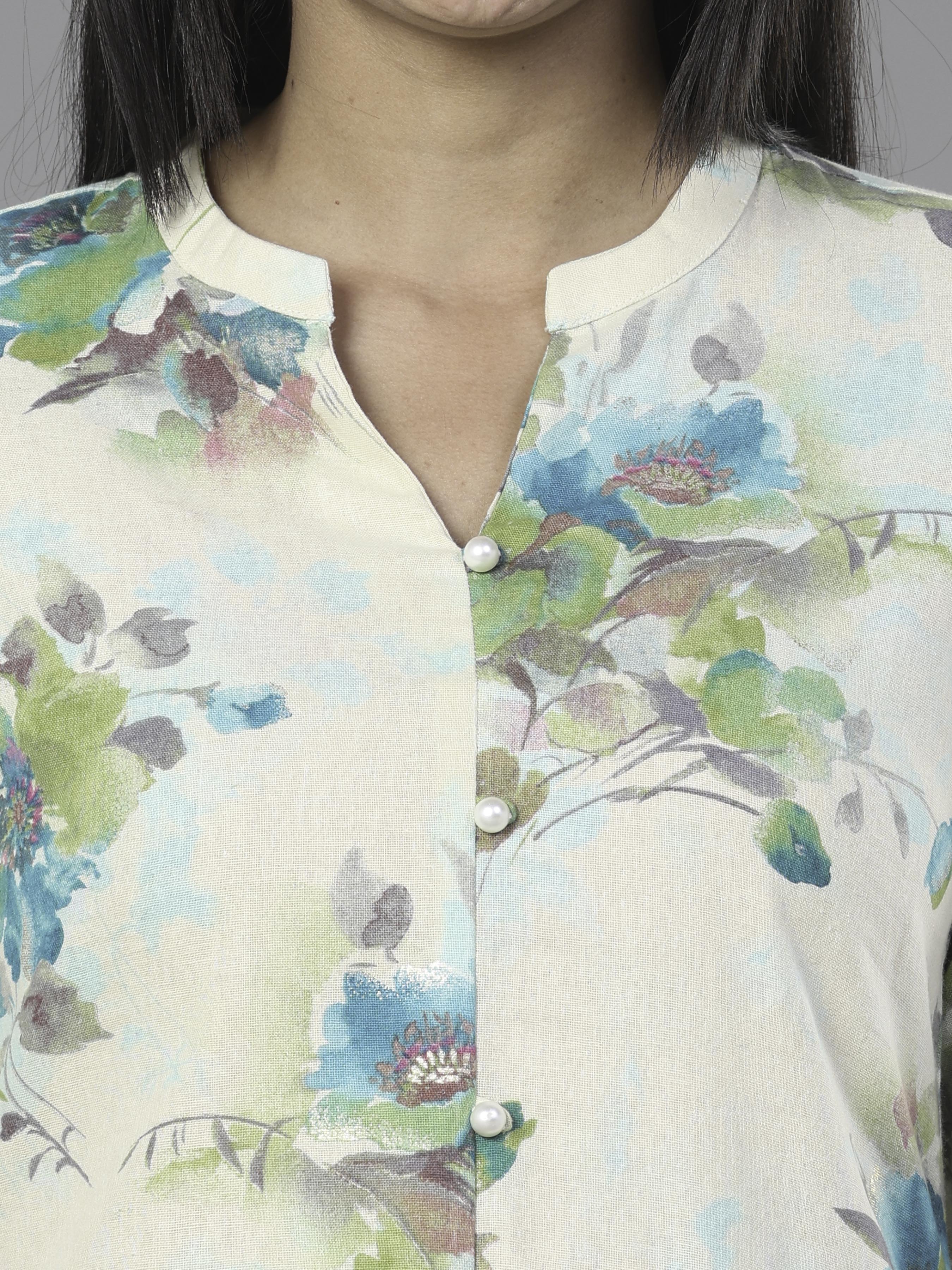 Ivory Cotton Linen Printed Kurti With Lace Detailing