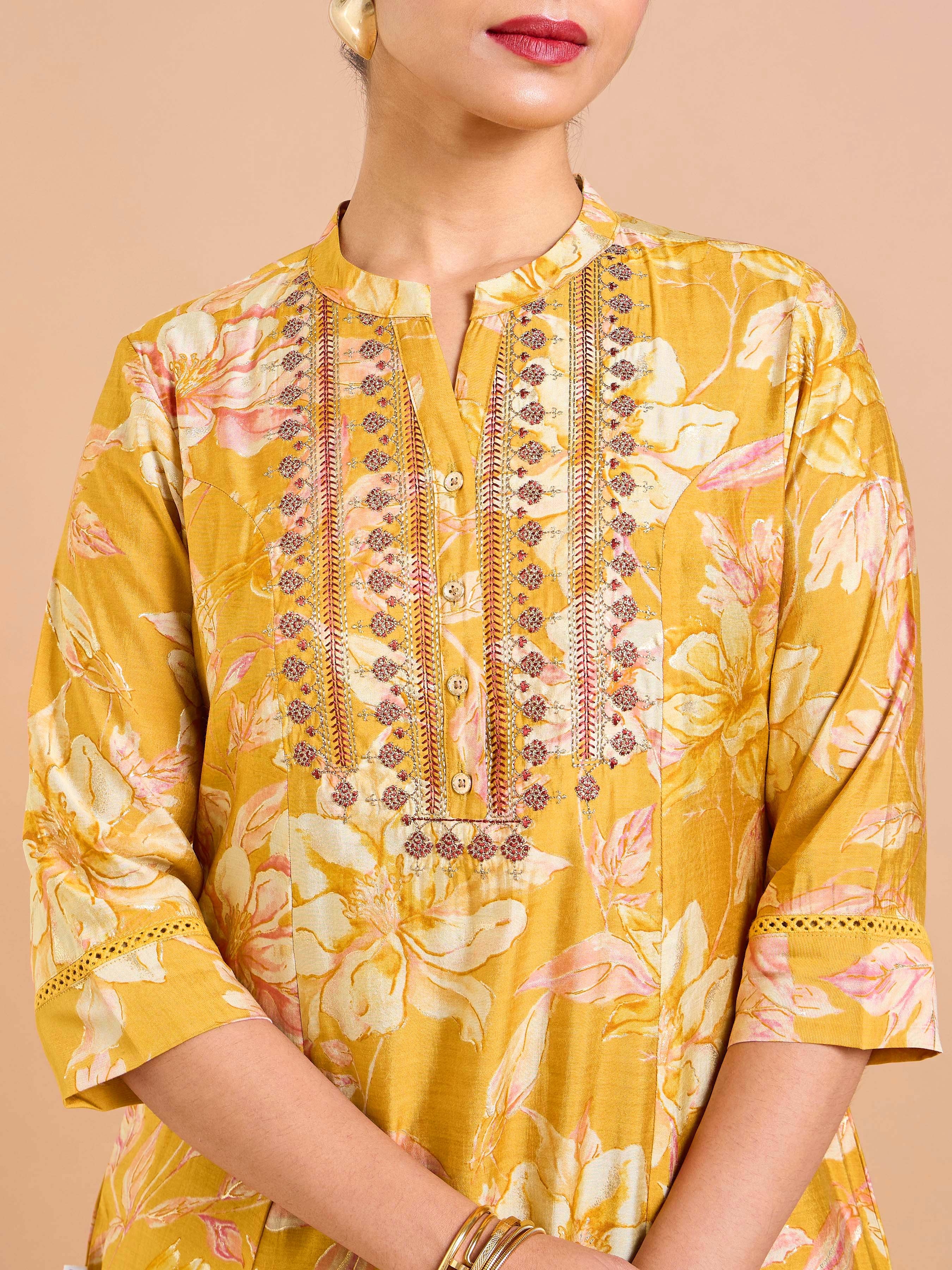 Mustard Yellow Modal Chanderi Printed Kurti With Embroidery