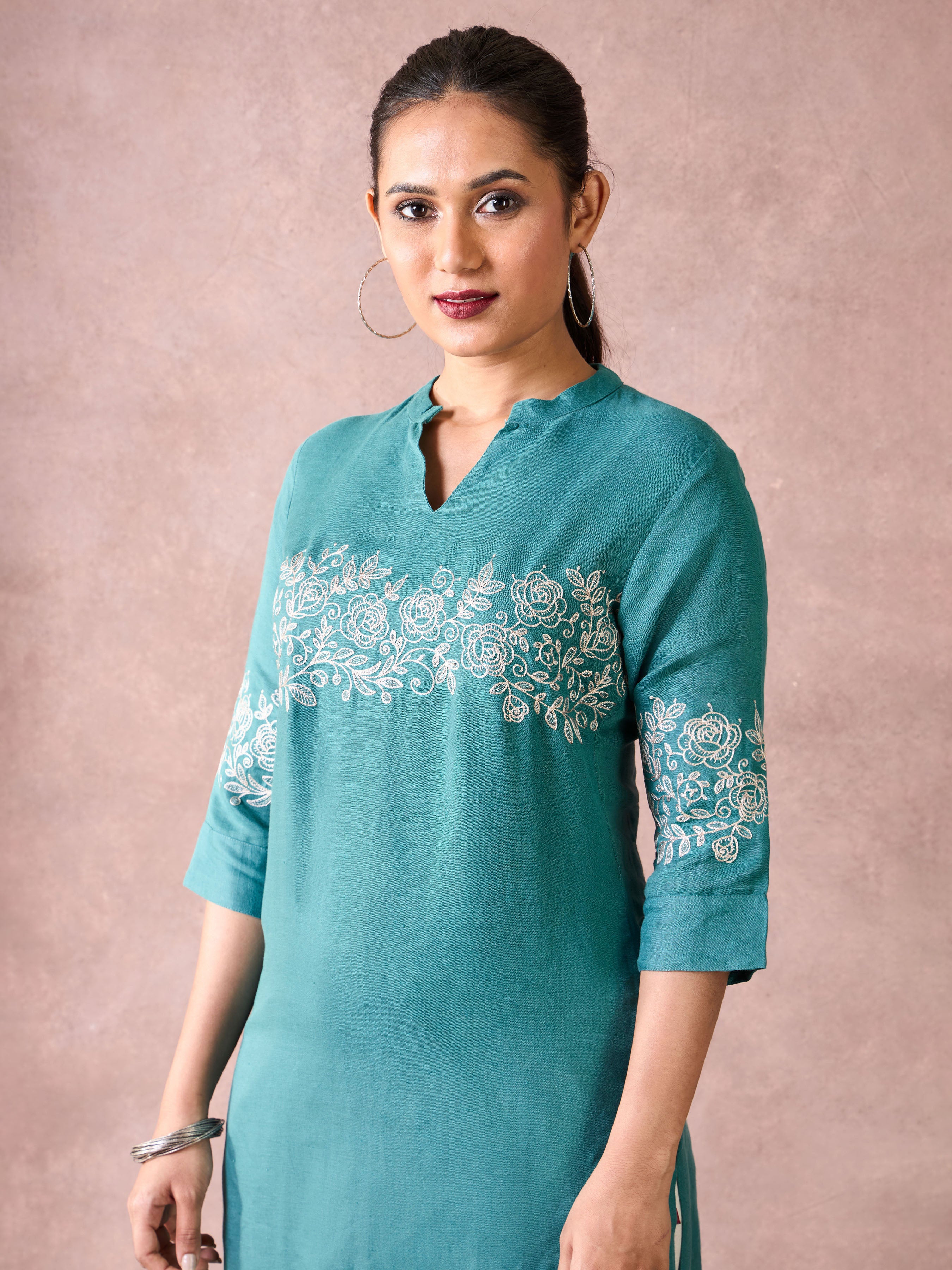 Teal Blue Viscose Linen Kurti & Bottom With Embroidery