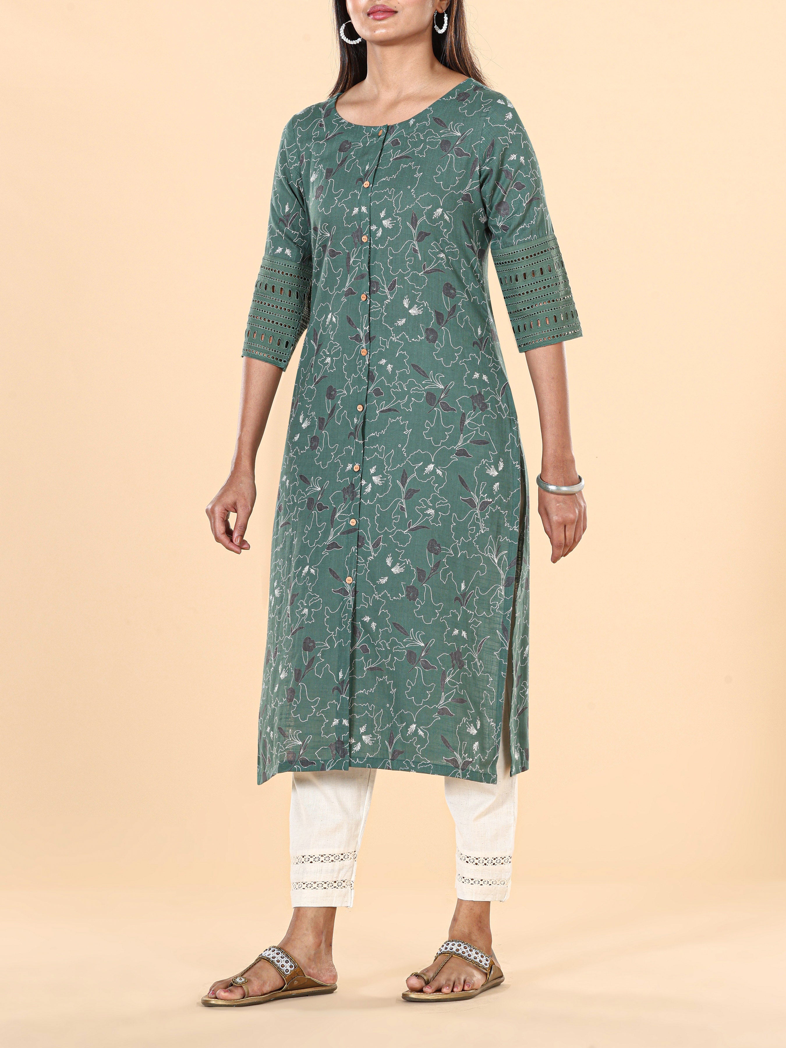Bottle Green Cotton Slub Printed Kurti With Lace Detailing