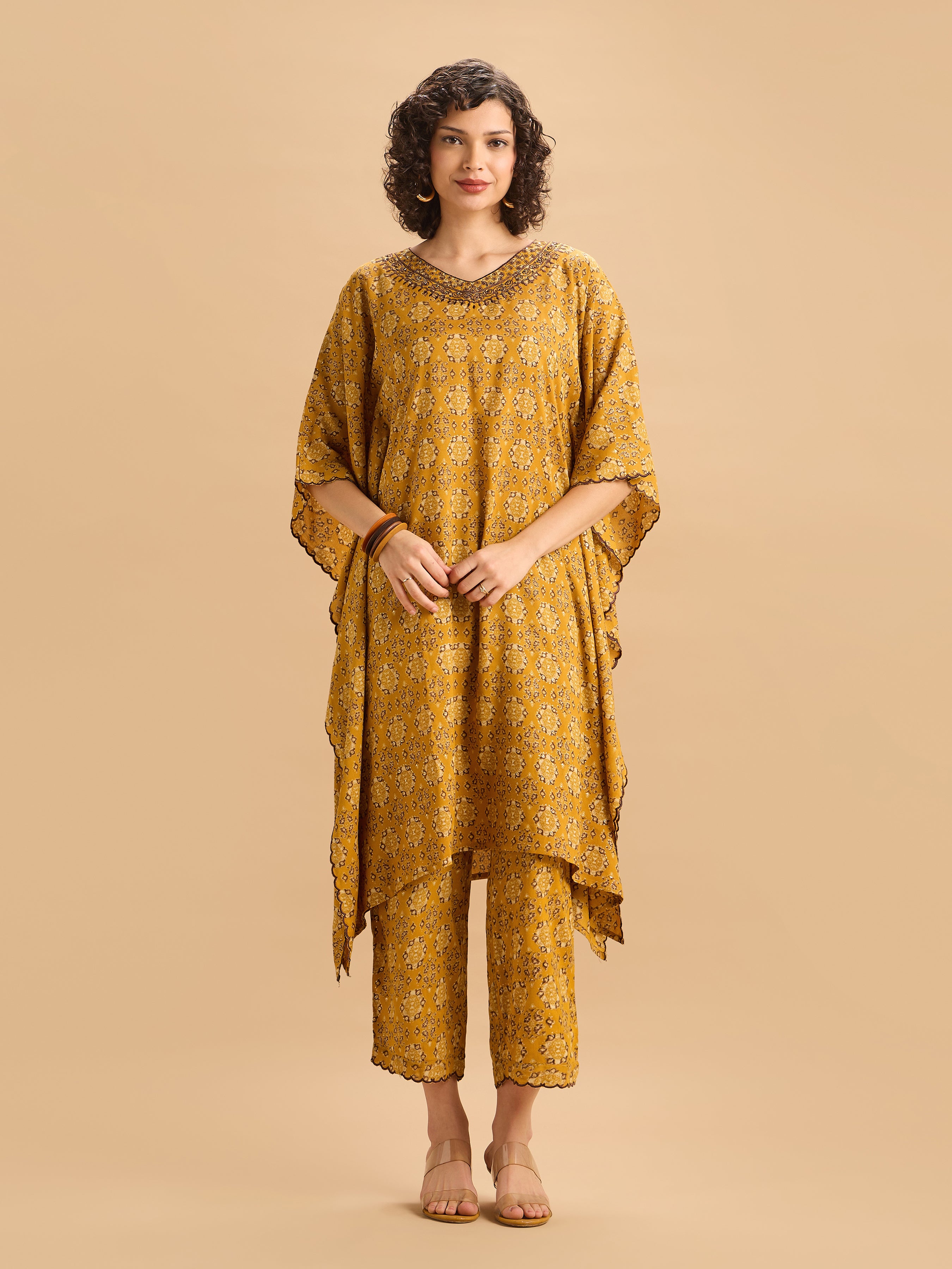 Women Wearing Mustard Yellow Viscose Printed Kaftan Set With Hand Work Embroidery