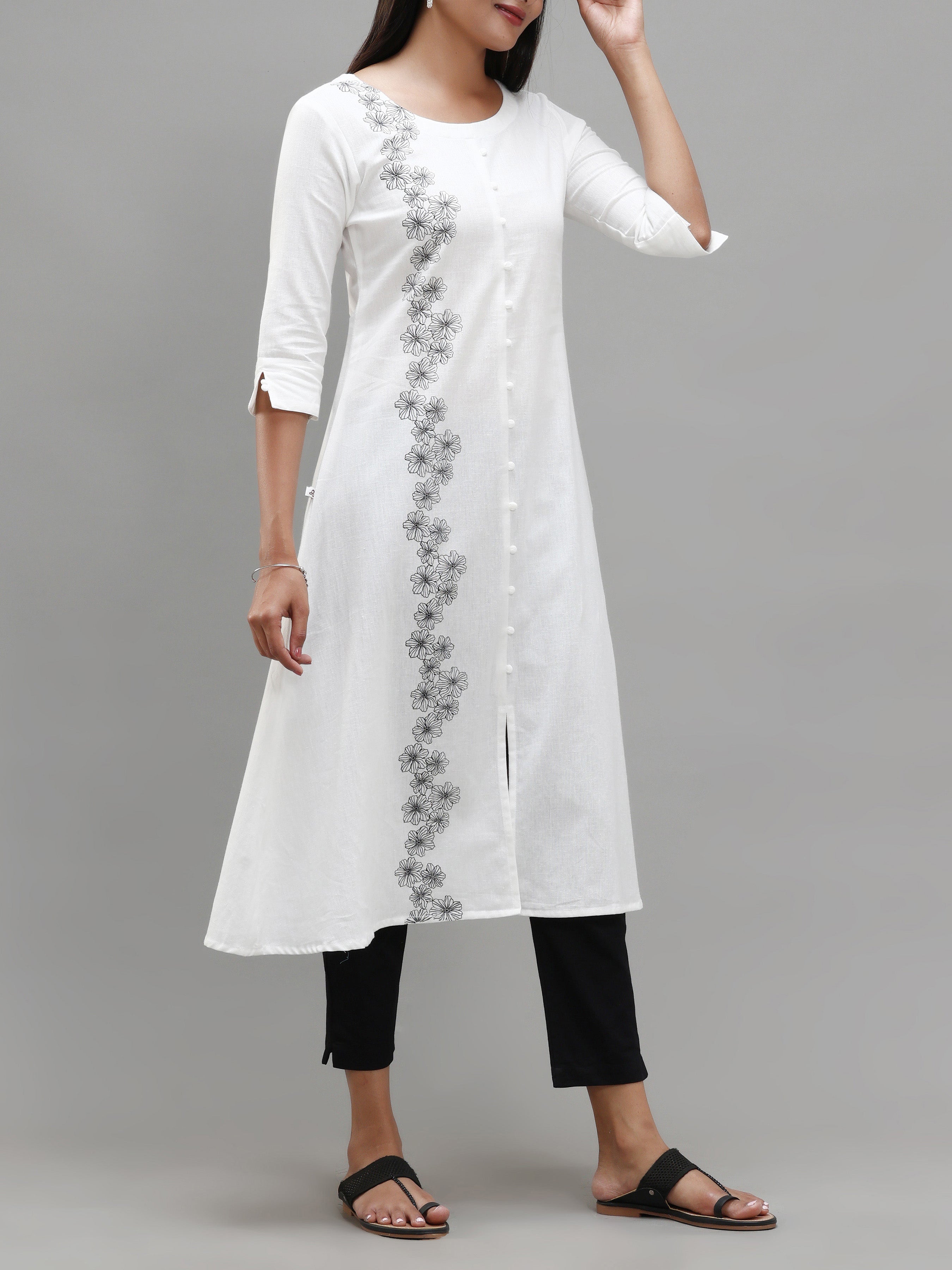 White Cotton Flax Printed Kurti With Center Cut