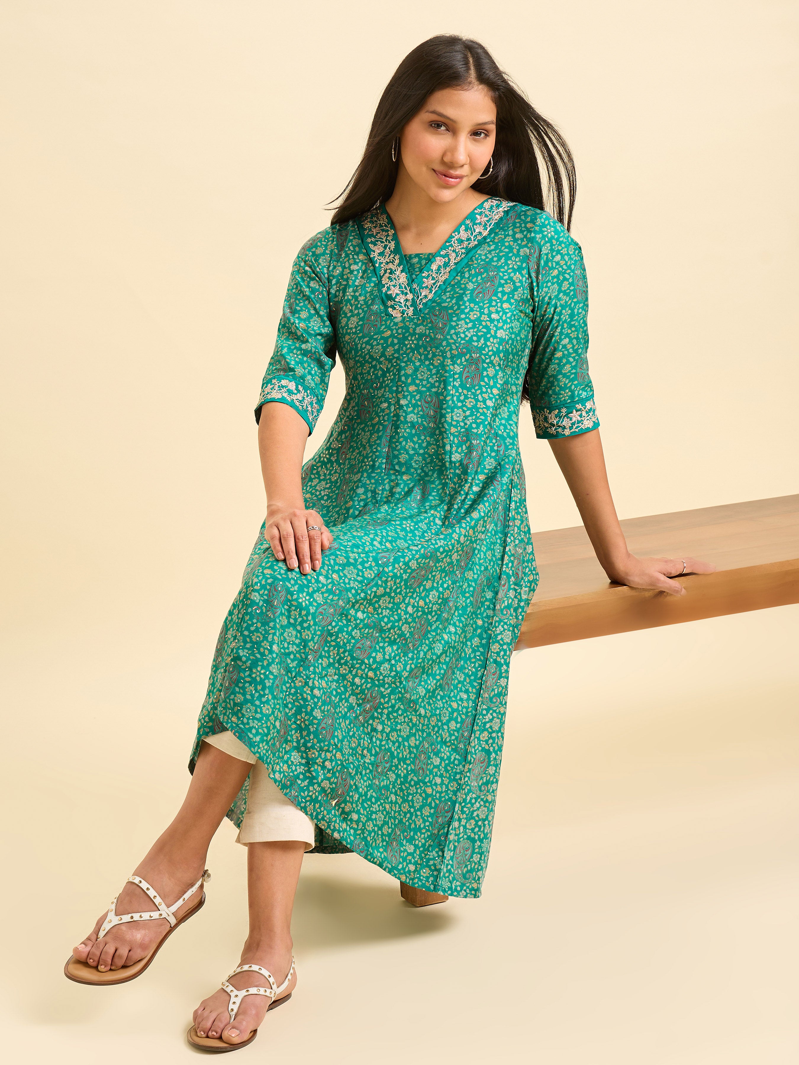 Rama Green Modal Chanderi Kali Cut Printed Kurti With Embroidery