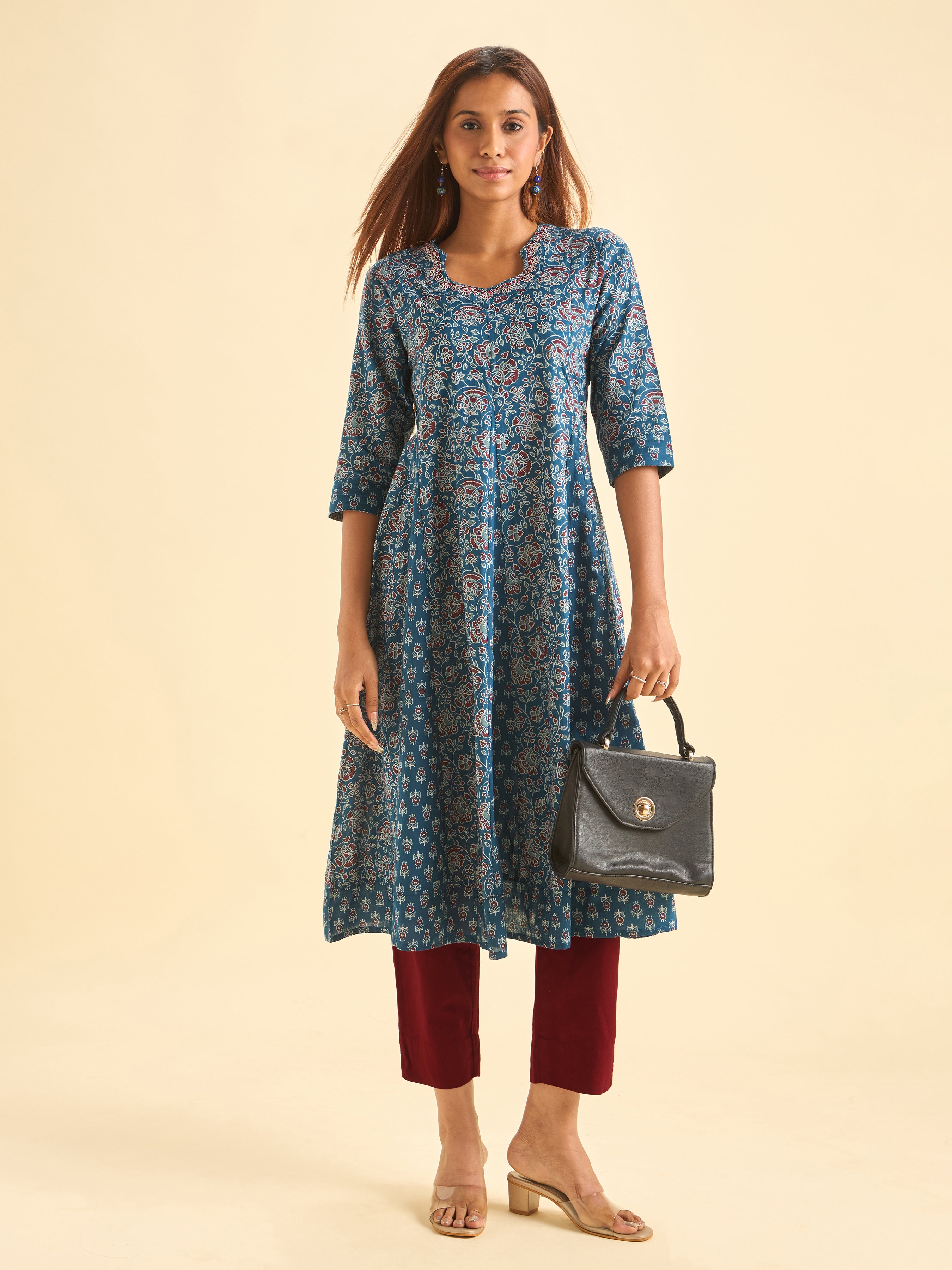 Blue Pure Cotton Printed Flared Kalicut Kurti With Embroidery And Sequins