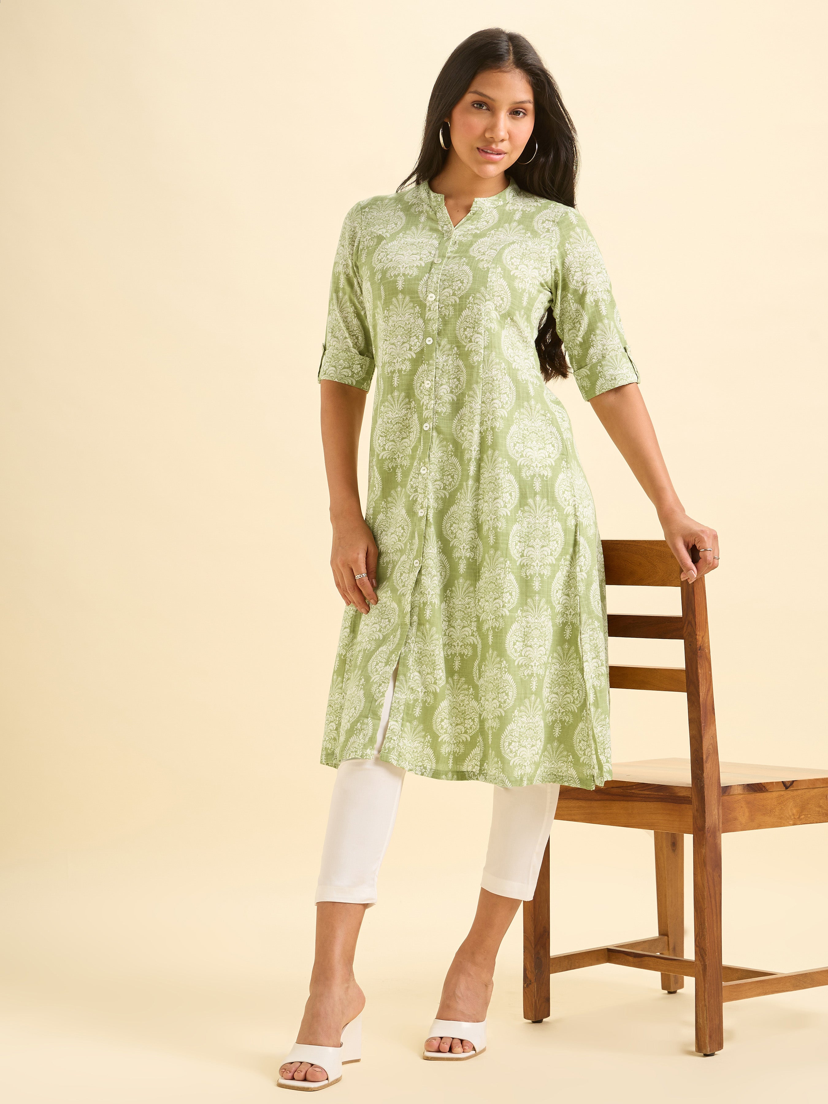 Pista Green And White Cotton Slub Printed Flared Kurti With Princess Cut