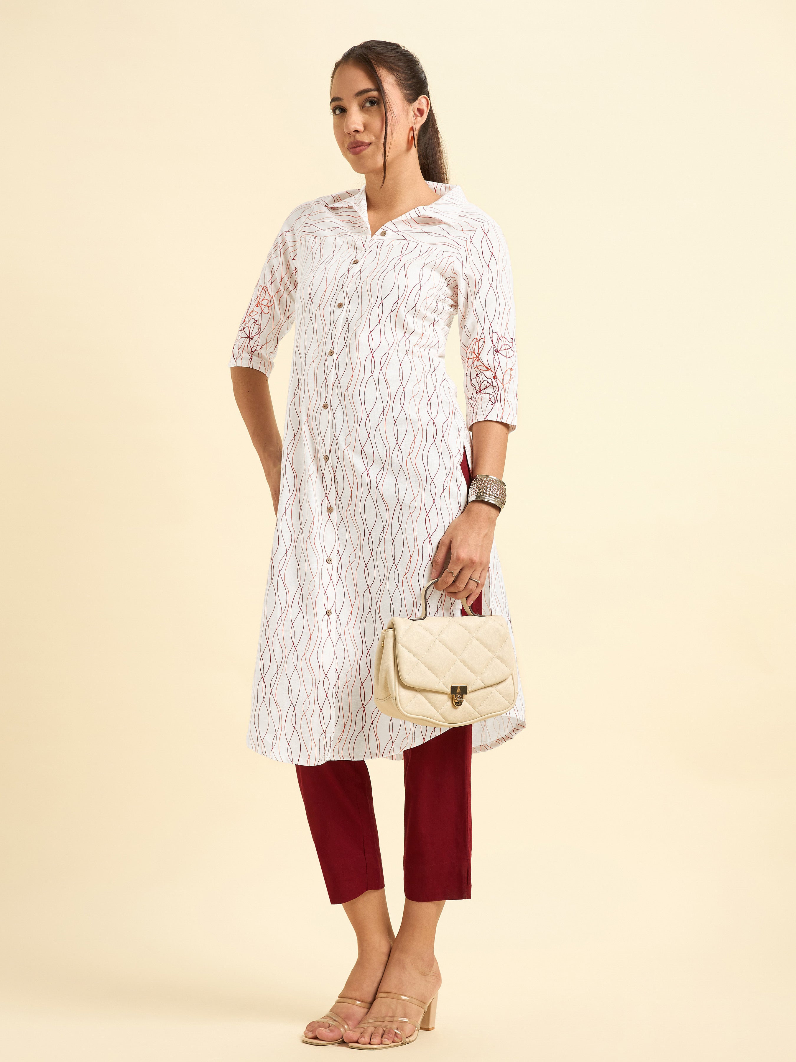 White Cotton Flax Slub Printed Slit Kurti With Embroidery