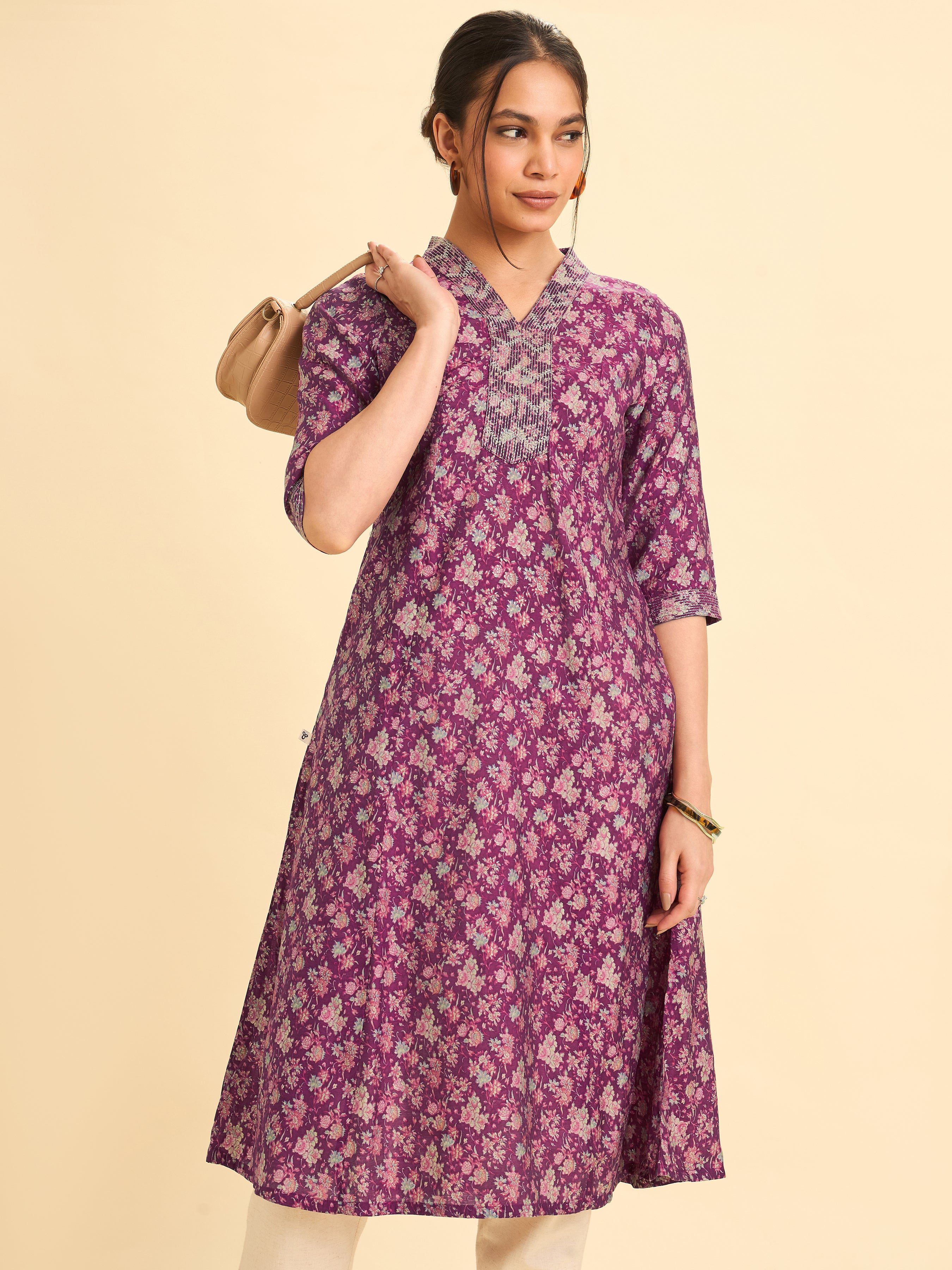 Wine Red Modal Chanderi Printed Flared Princess Cut Kurti With Embroidery