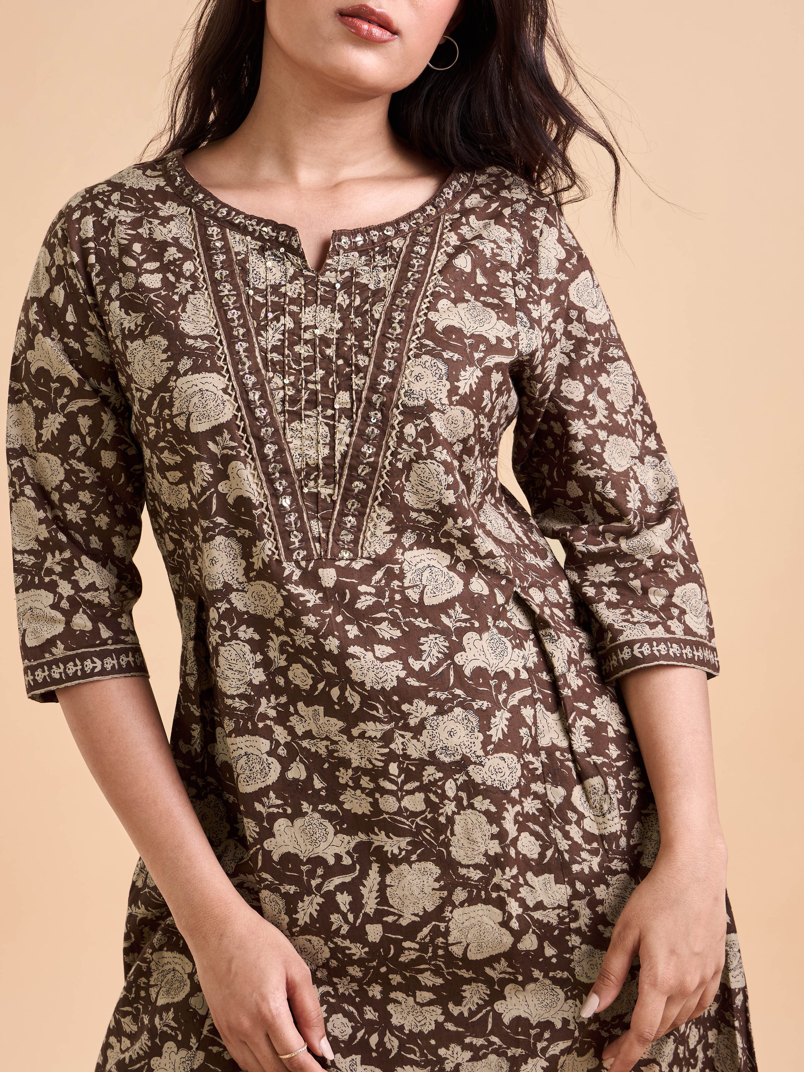 Coffee Brown And Ivory Pure Cotton Printed Kurti With Embroidery