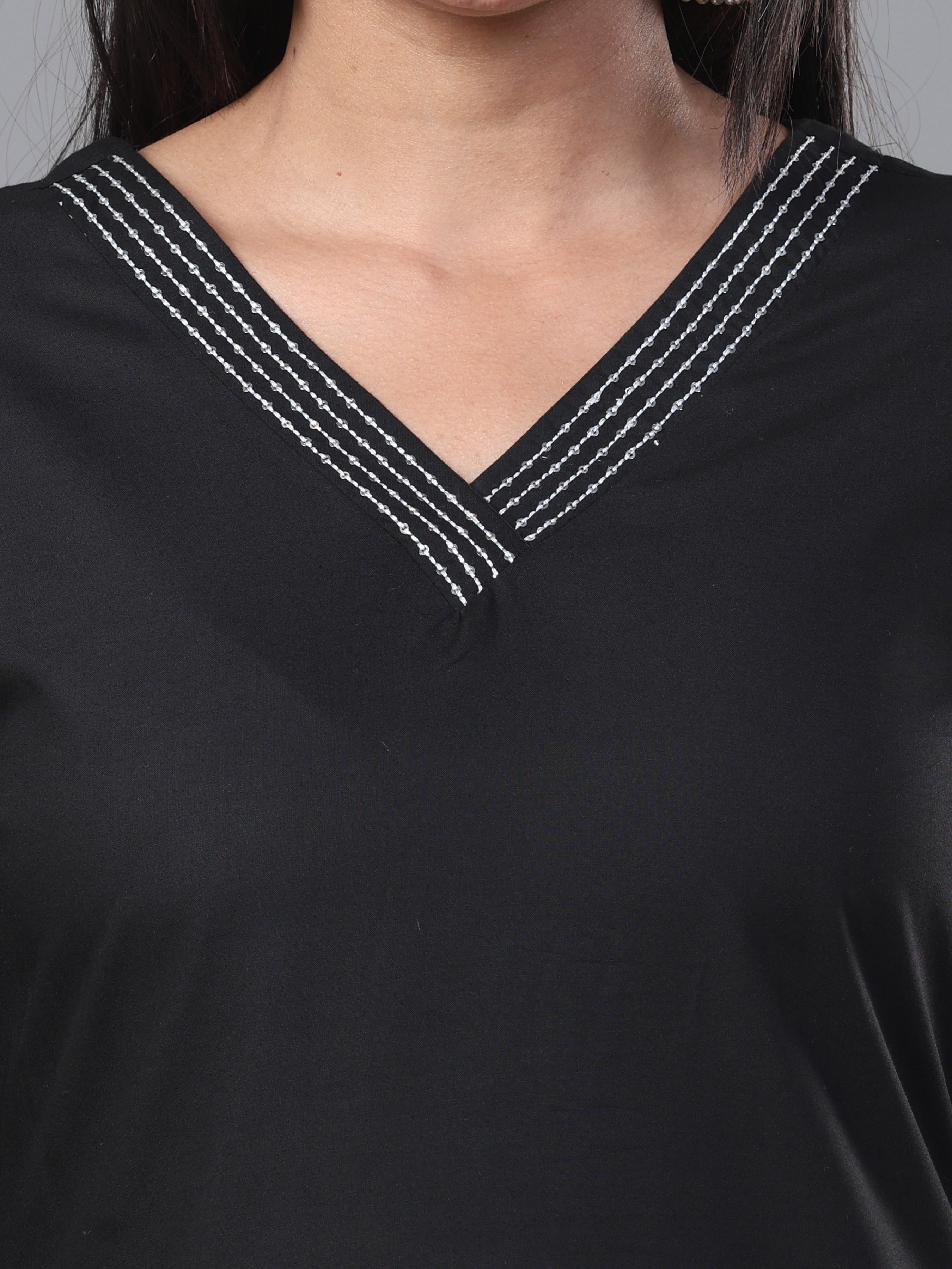 Black Viscose Plain Kurti With Embroidery And Sequins Work