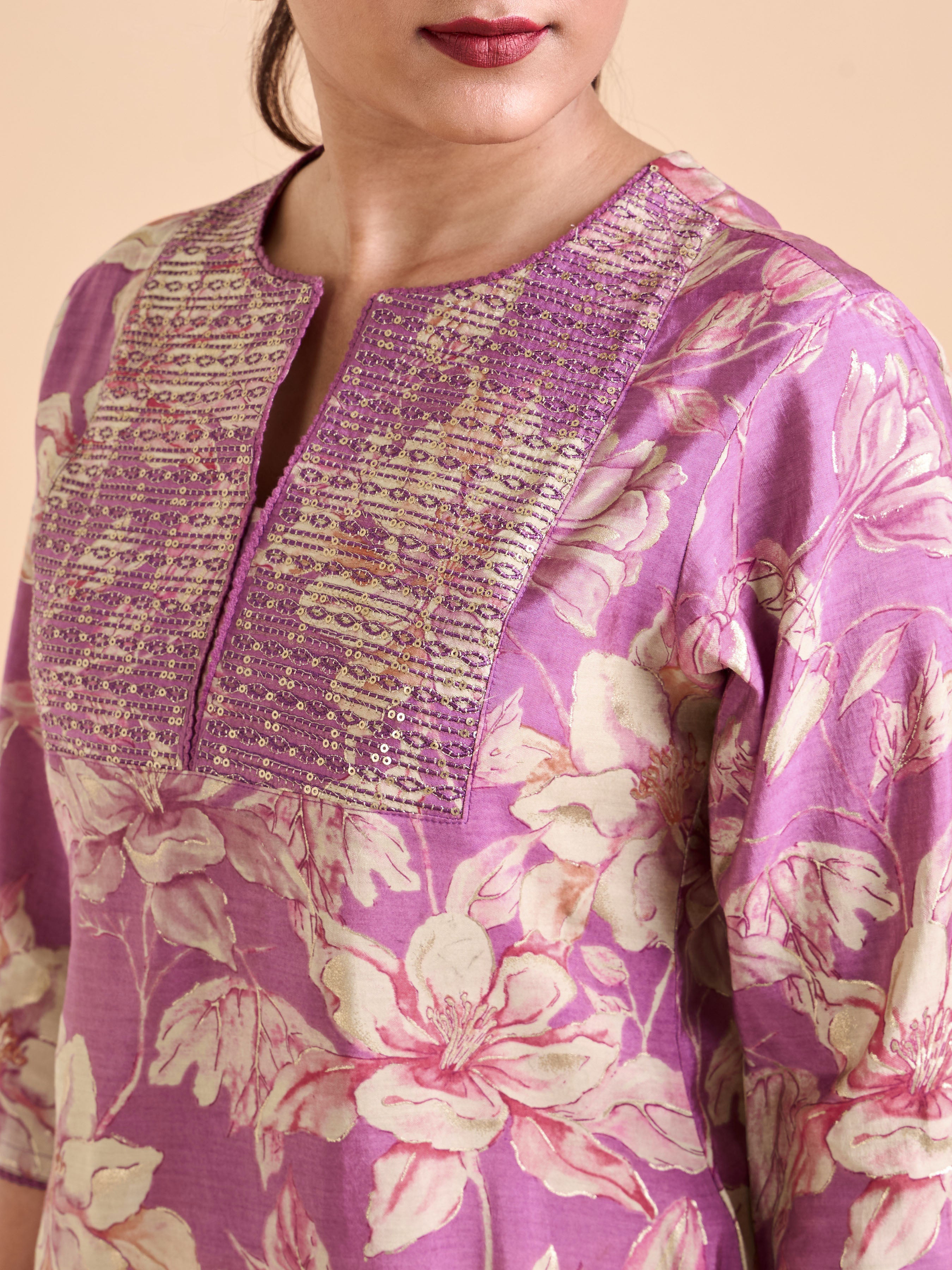 Onion Pink And Beige Modal Chanderi Printed Kurti With Seequins Work