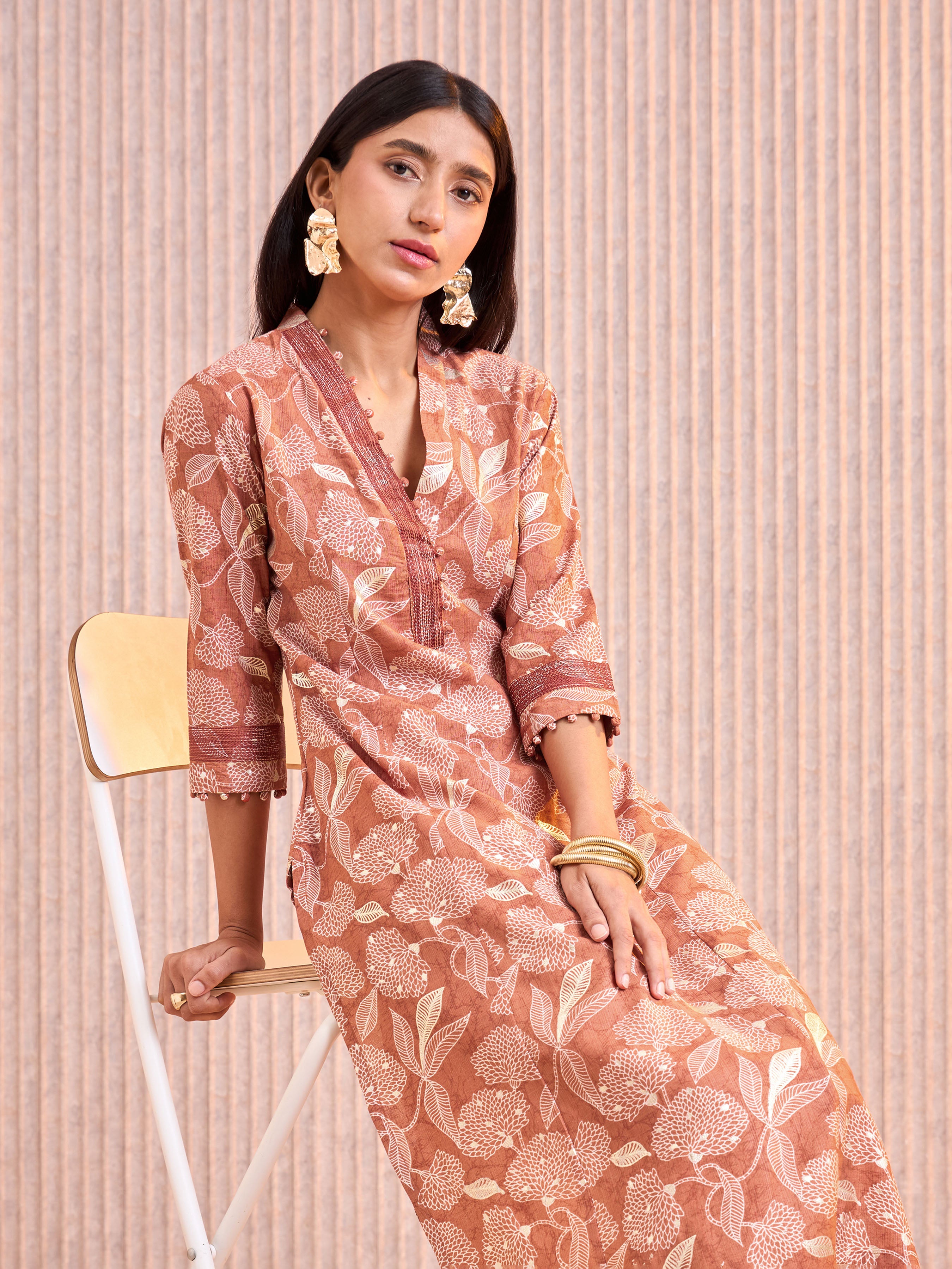Rust Orange Viscose Blend Slited Princess Cut Kurti With Embroidery Work
