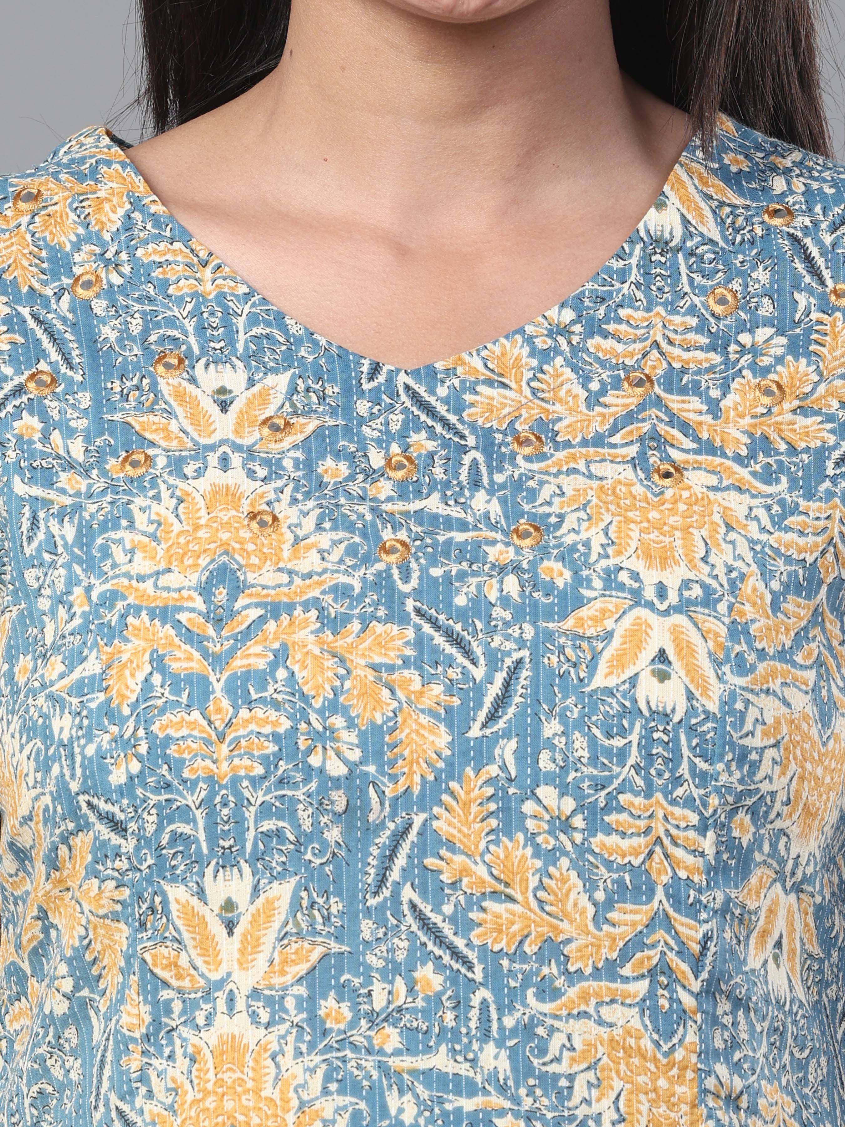 Light Blue Pure Cotton Printed Kurti With Mirror Work