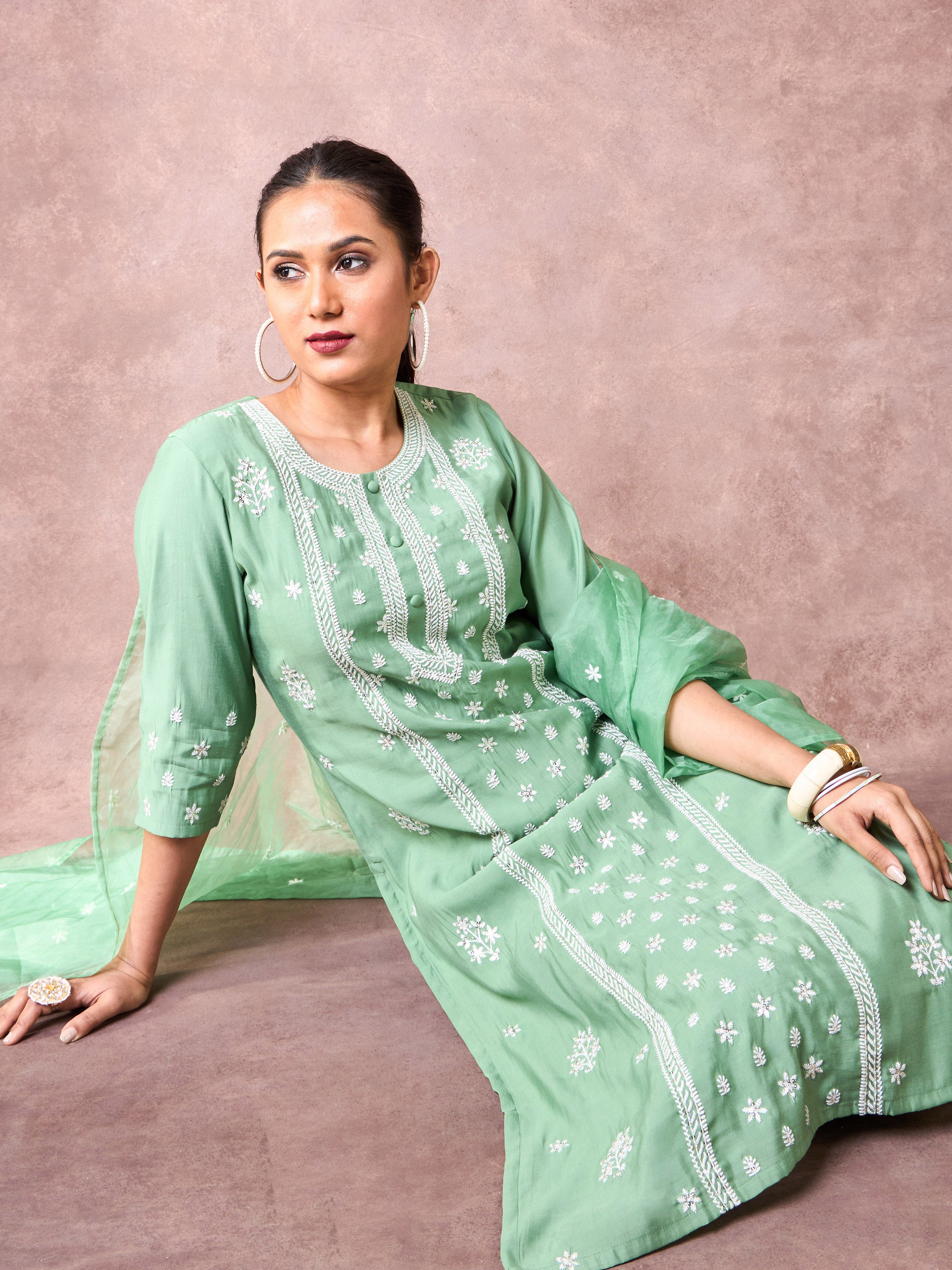 Mint Green Viscose Blend Kurti Set & Dupatta With Embroidery