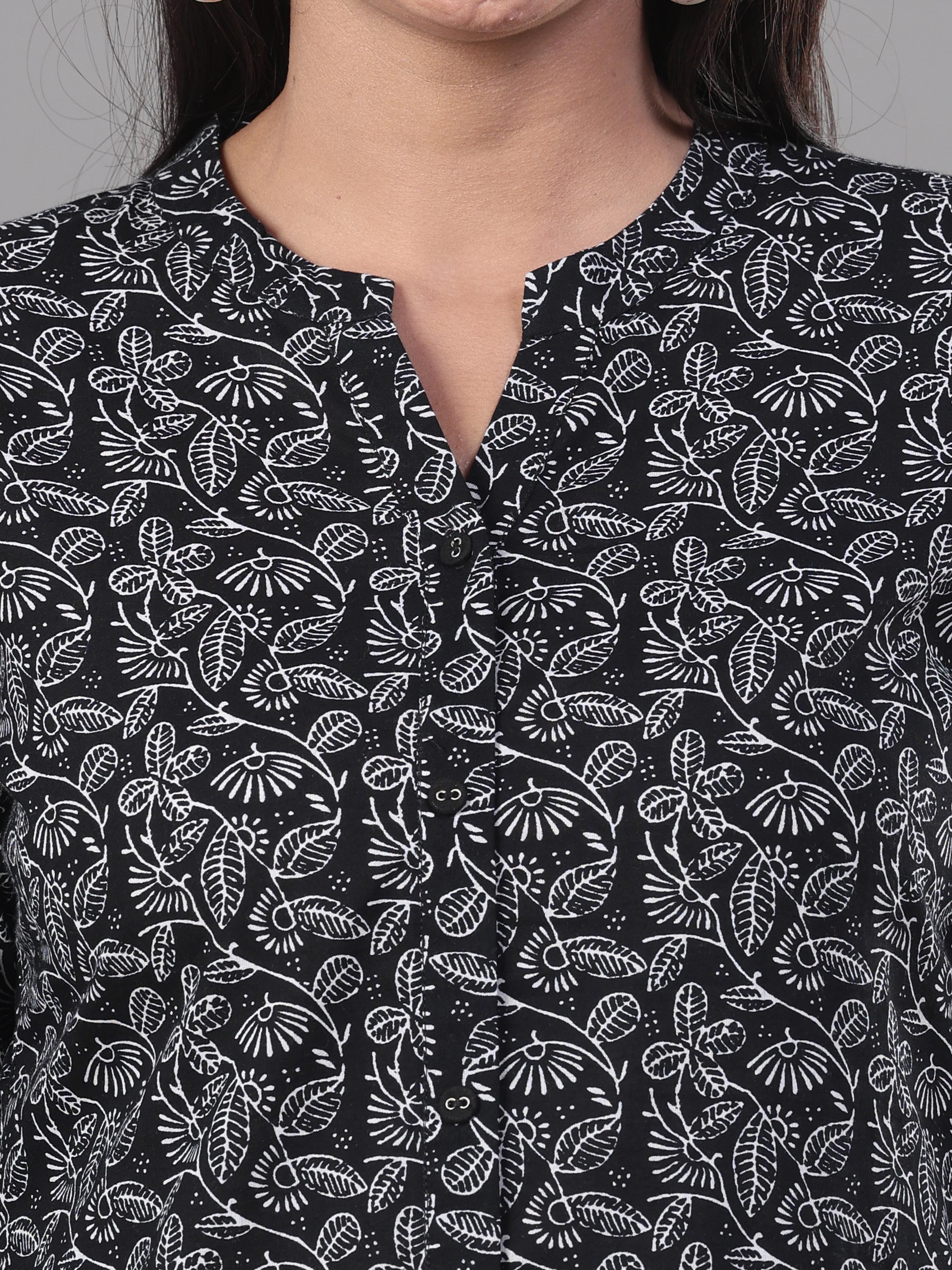 Black And White Pure Cotton Printed Kurti With Lace Detailing