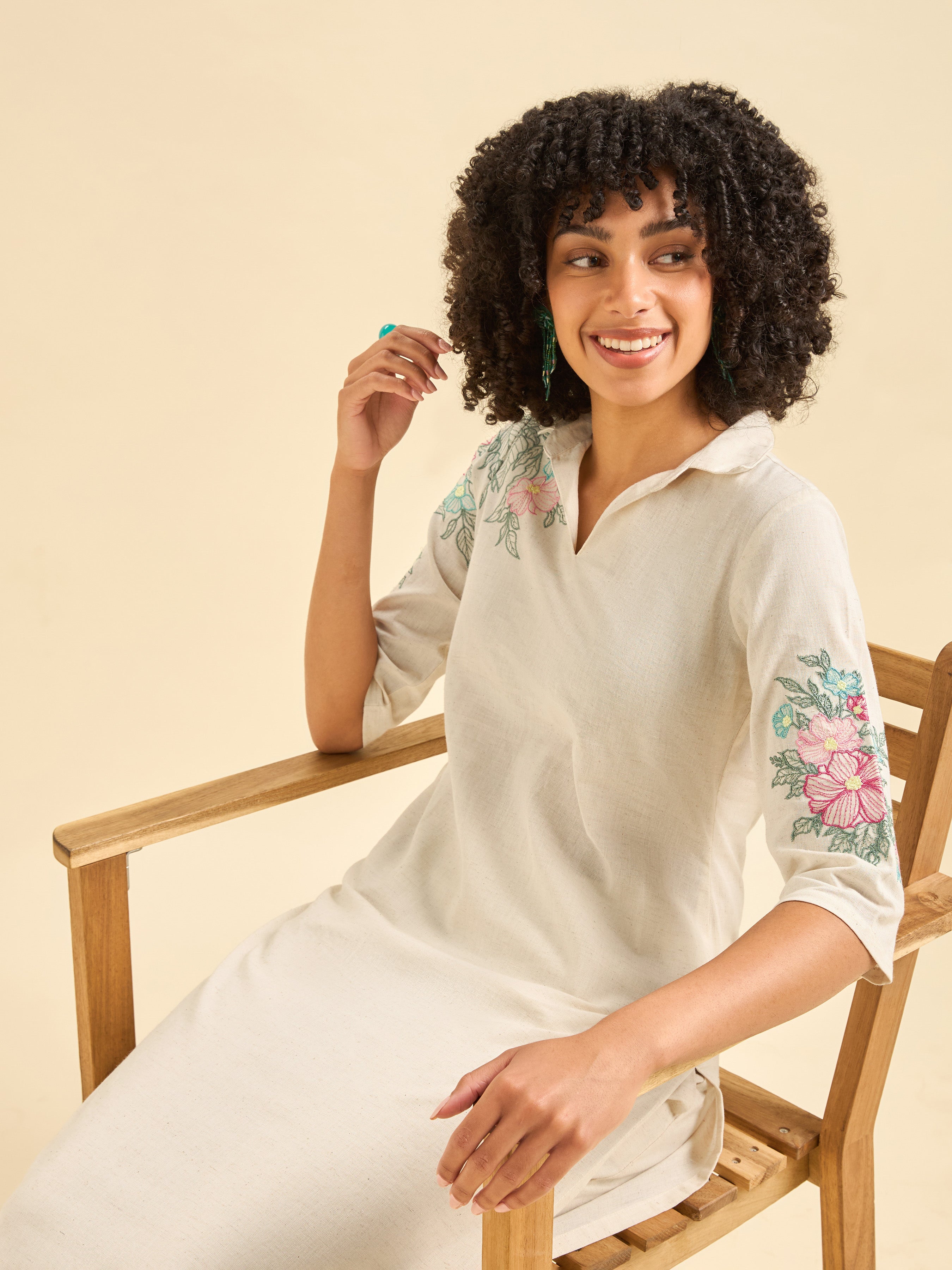 Ivory Cotton Flax Plain Slited Kurti With Embroidery