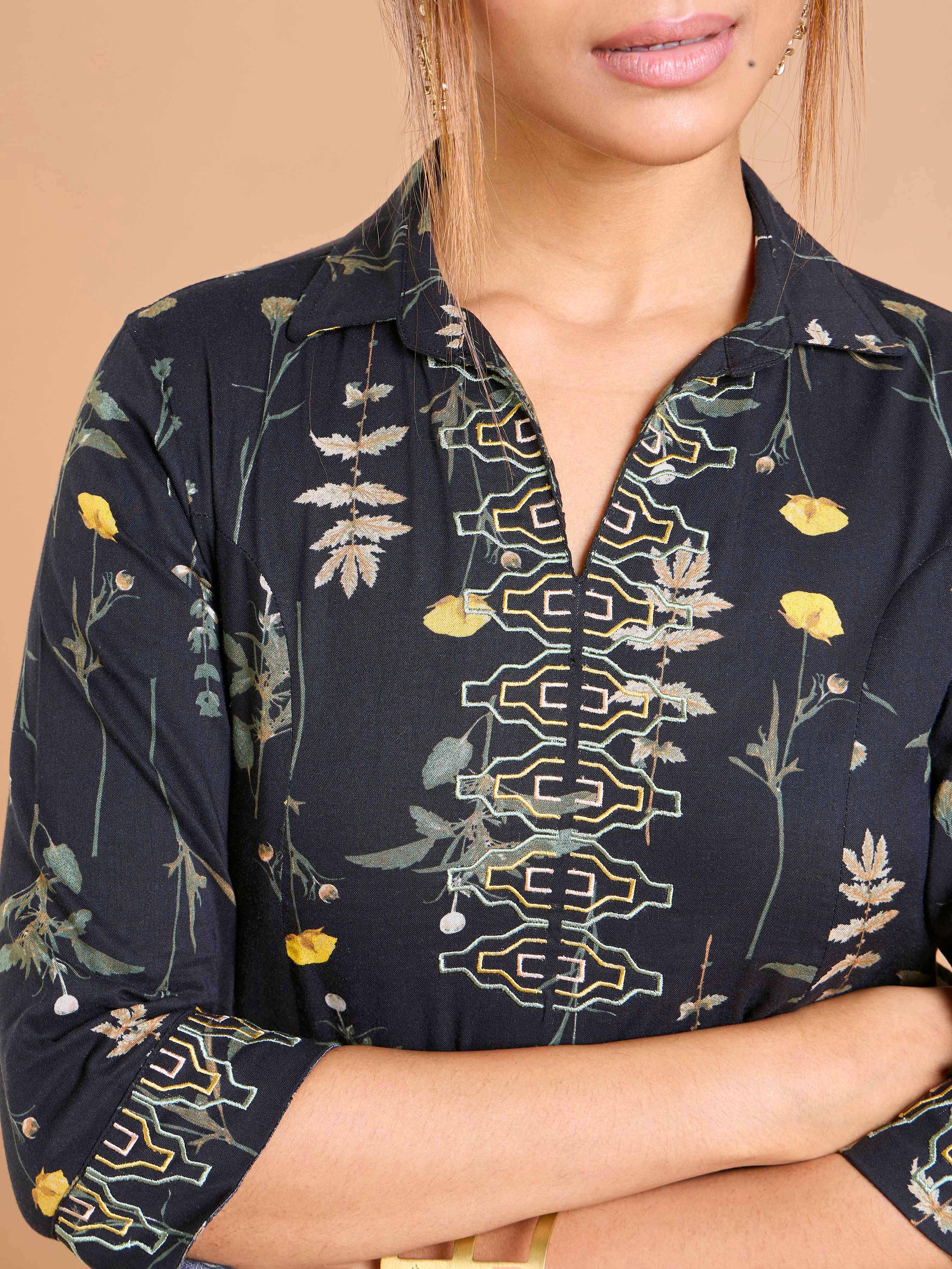 Black PureCotton Printed Kurti With Embroidery