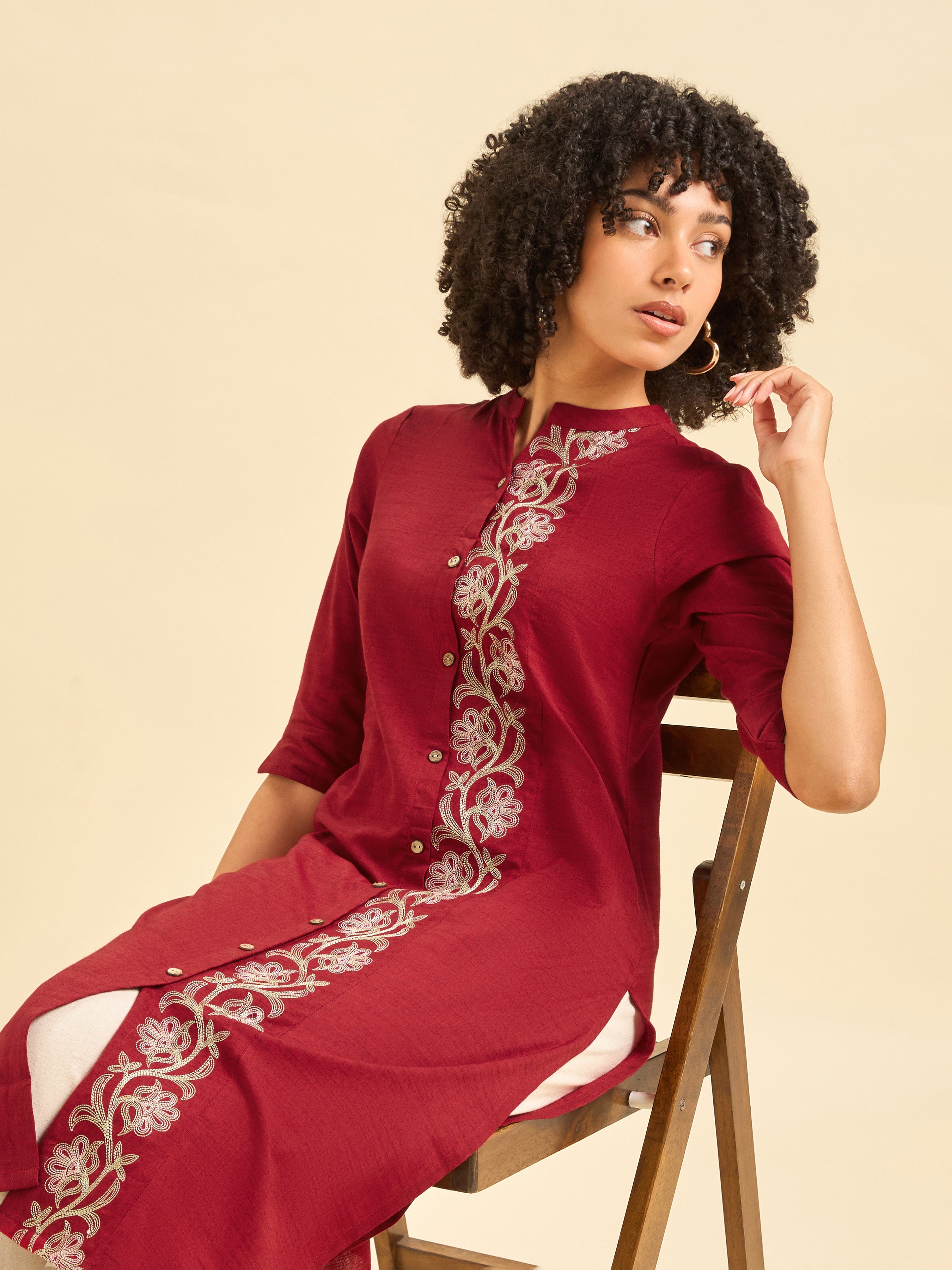 Red Cotton Viscose Kurti With Embroidery