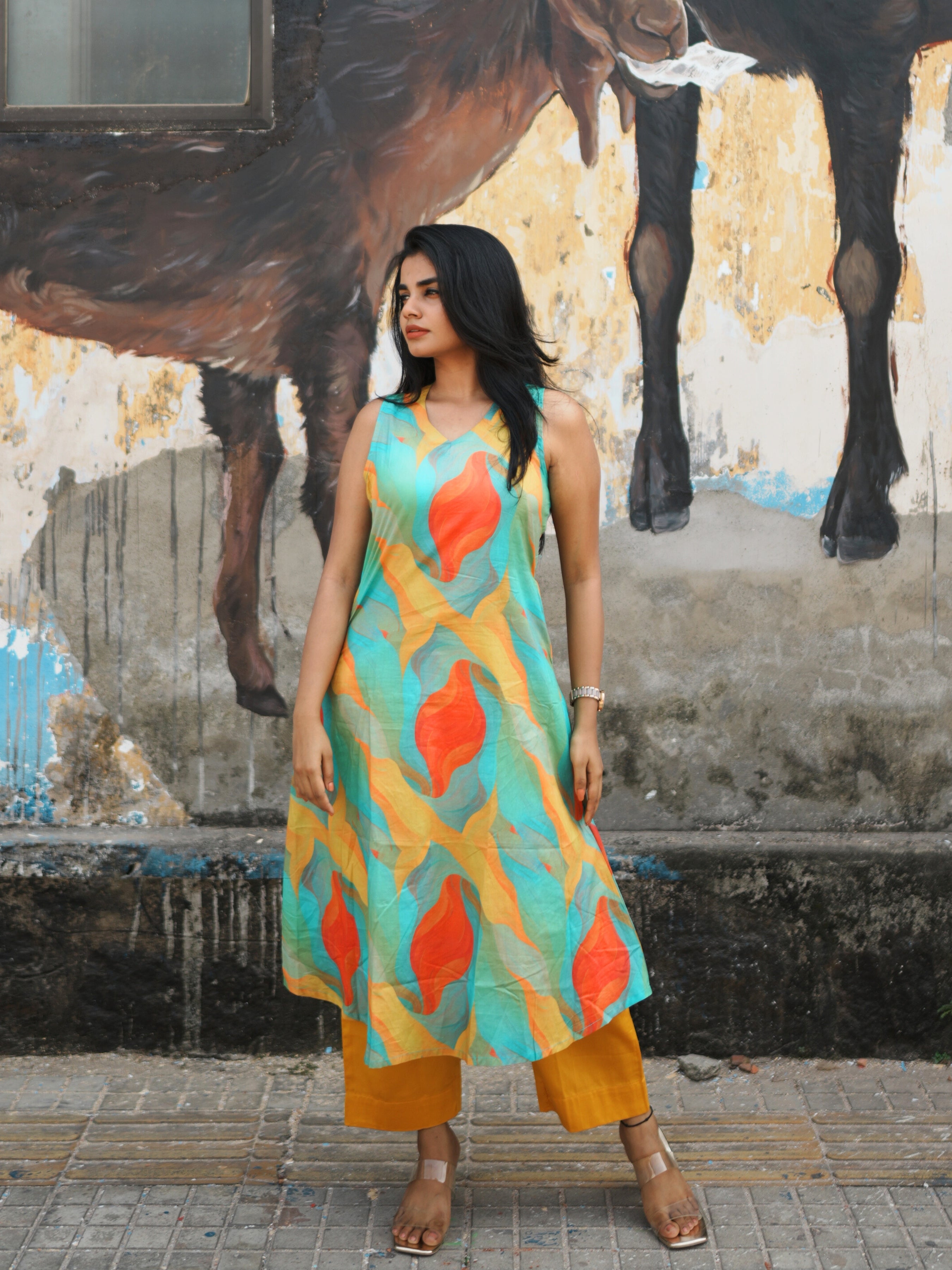 Multi Colour Pure Cotton Printed Flared Kurti Set With Tank -Style Sleeve Less