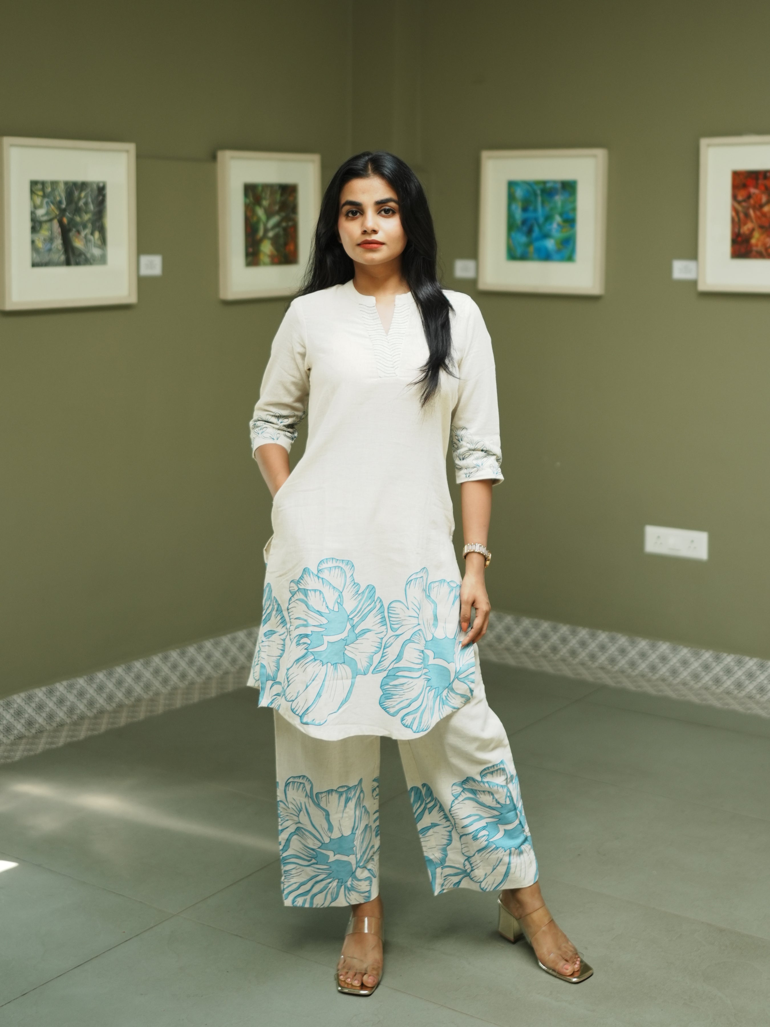 Ivory And Blue Cotton Flax Printed Kurti With Embroidery