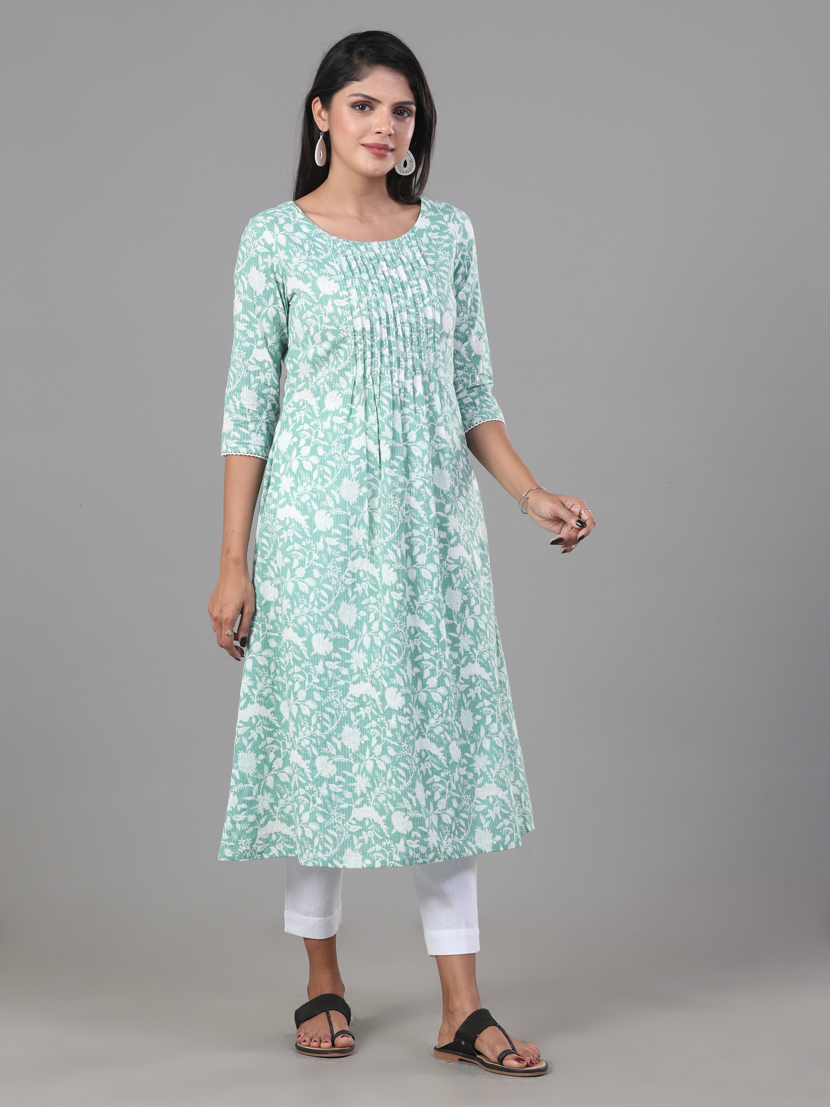 Mint Green Pure Cotton Katha Printed Kurti With Sequins Work