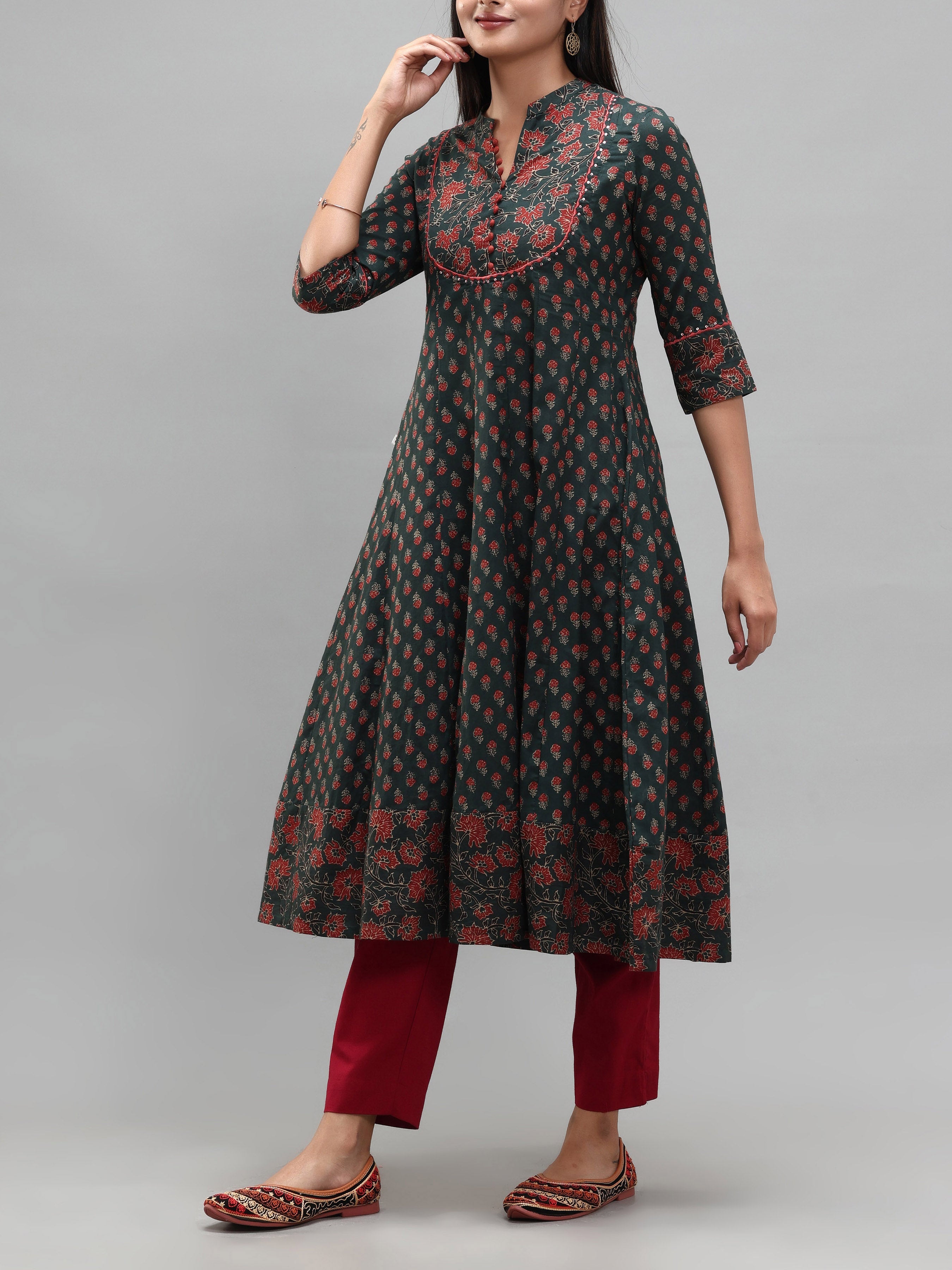 Multi Colour Pure Cotton Kurti With Print And Embroidery