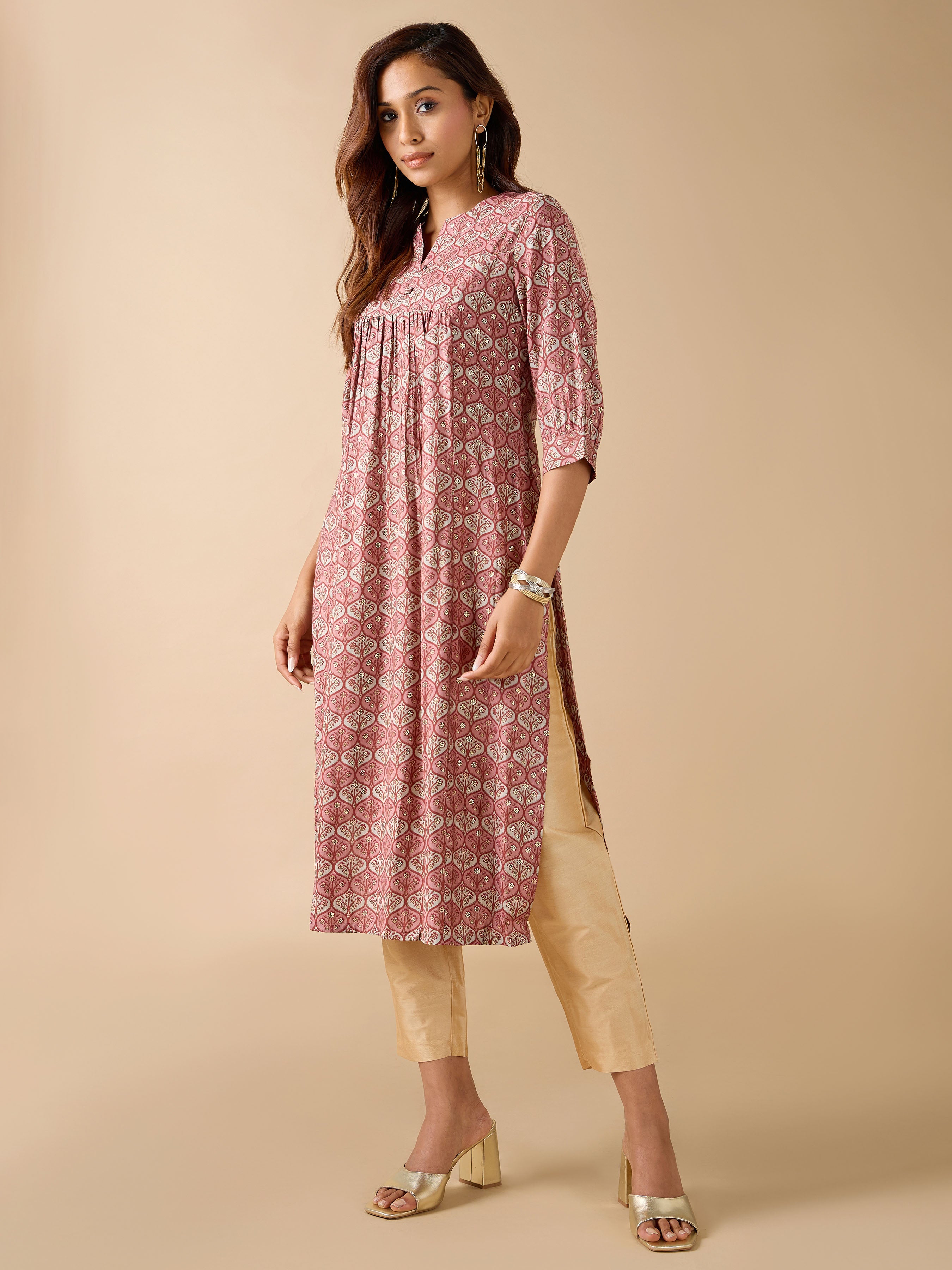 Maroon Modal Chanderi Foil Printed Kurti With Sequins Work