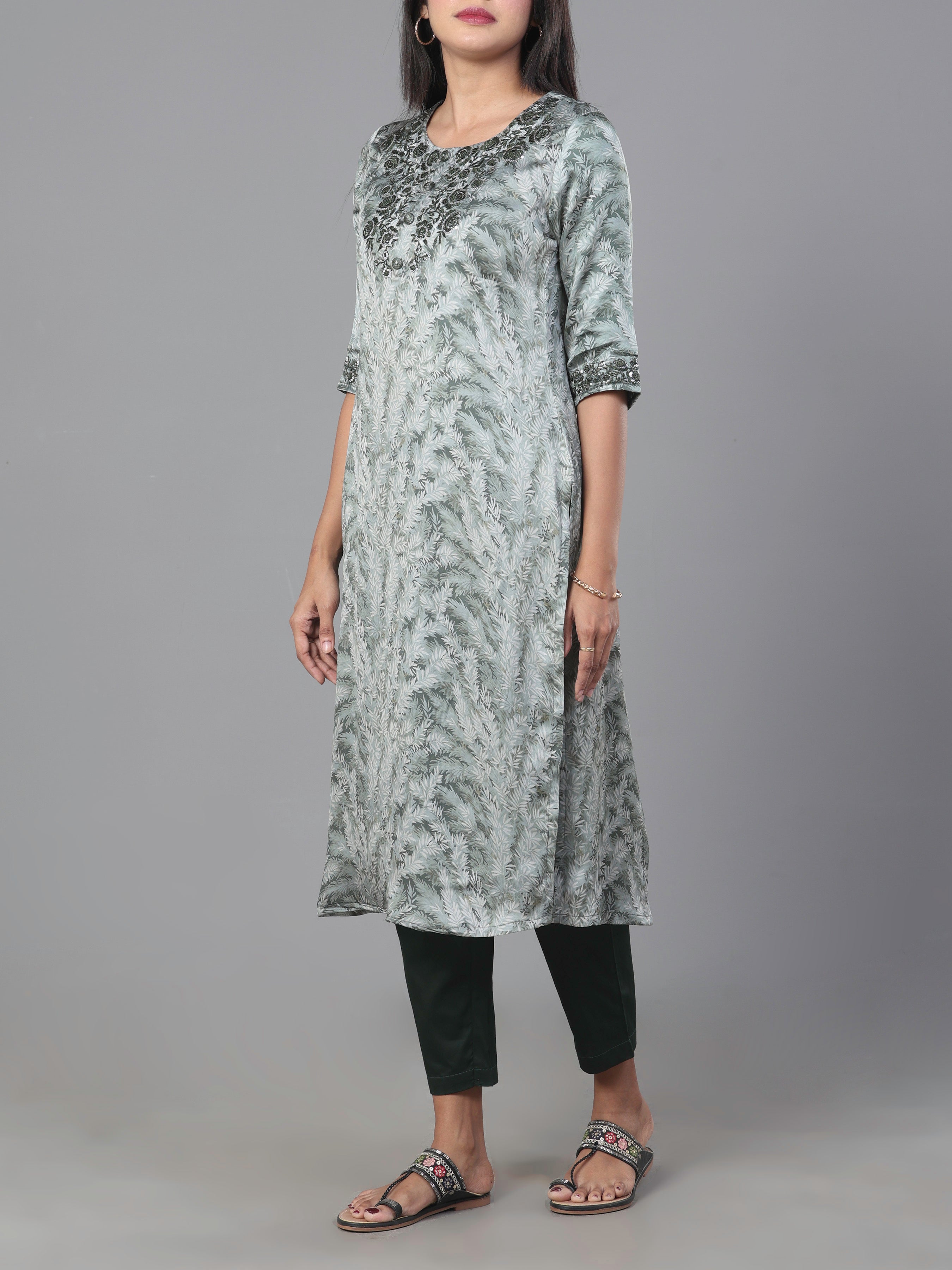 Sage Green Organza Satin Kurti With Embroidery And Matching Bottom