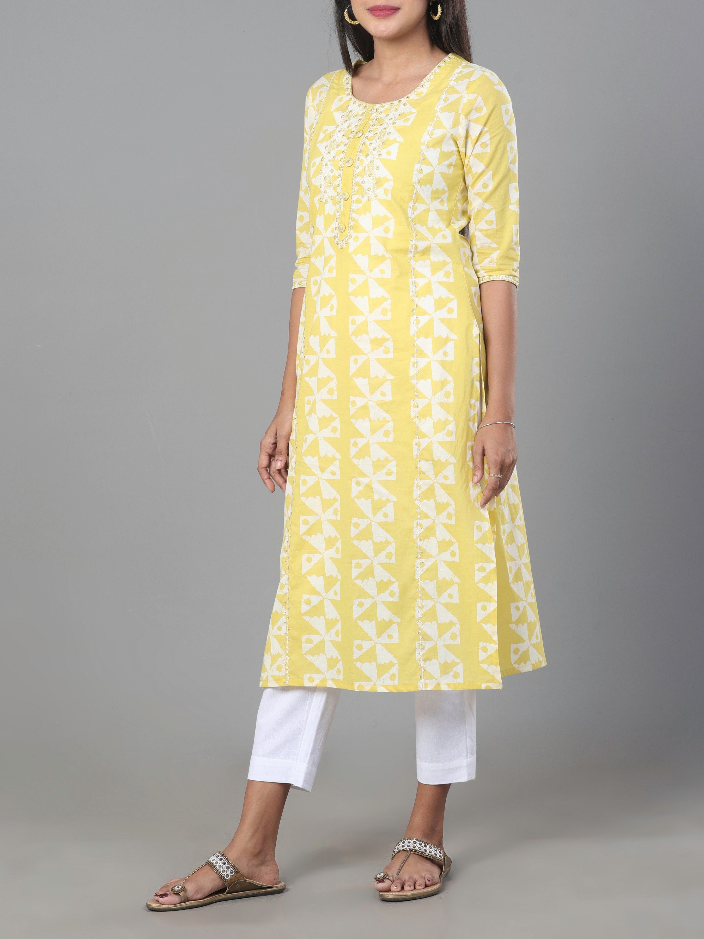 Pale Yellow Pure Cotton Kurti With Embroidery