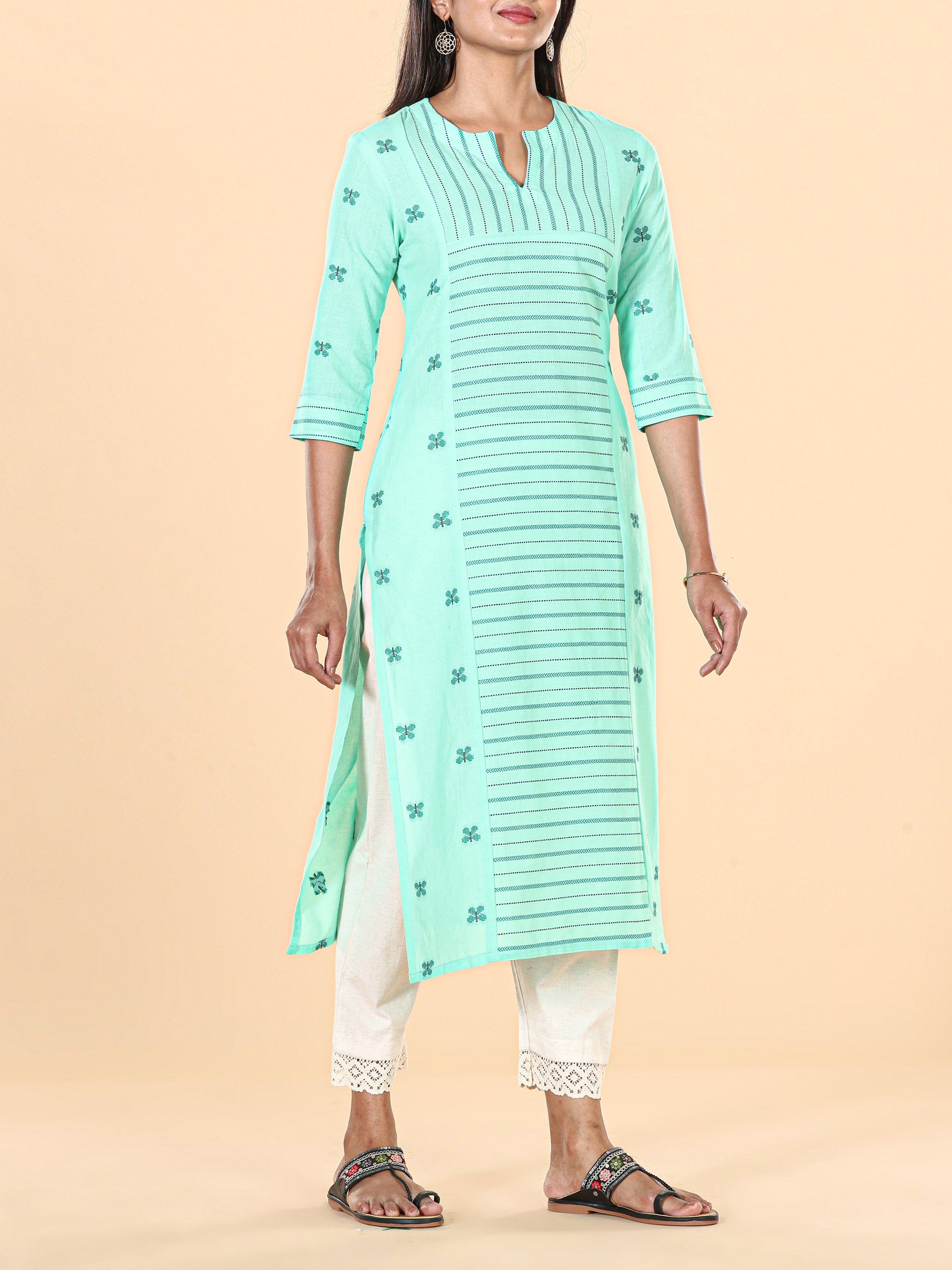 Pista Green Cotton Dobby Kurti With Print