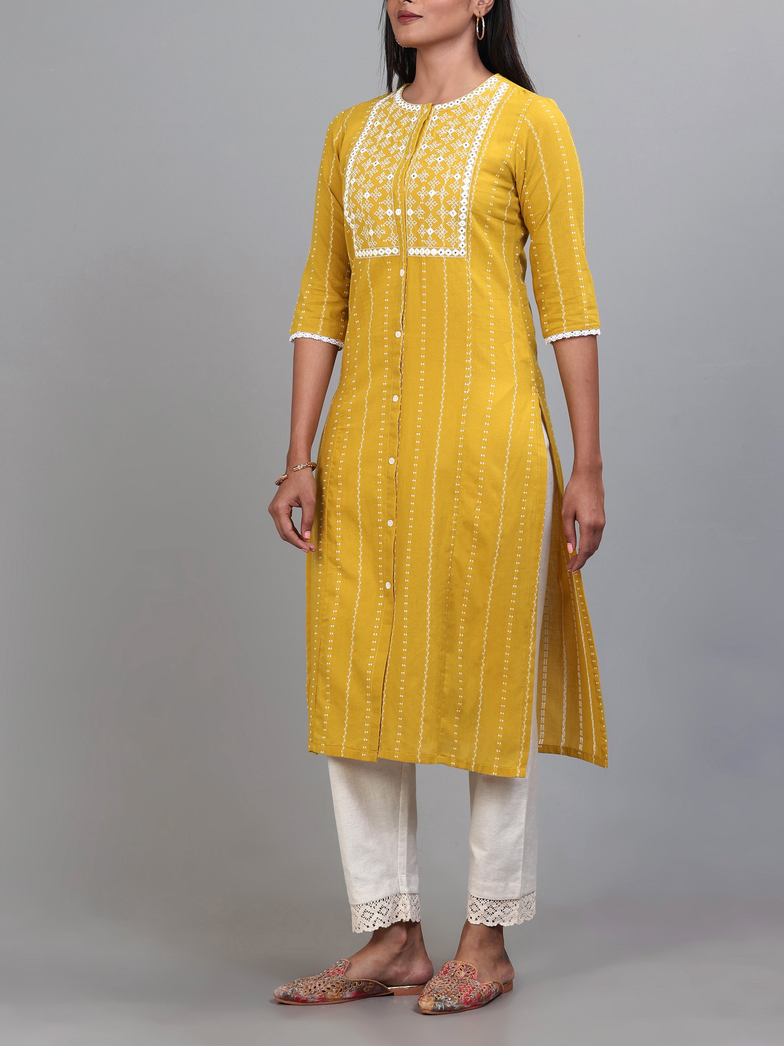 Mustard Yellow Cotton Dobby Kurti With Embroidery