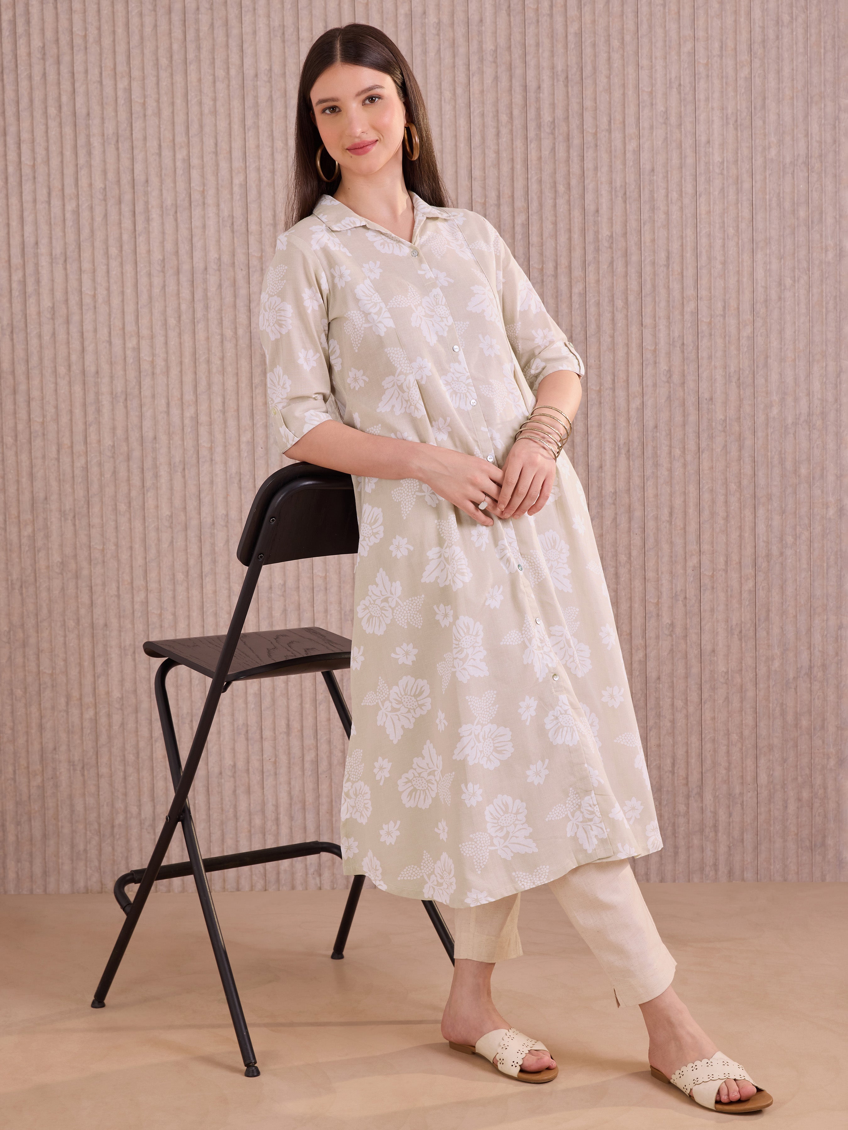 Beige Cotton Flax Kurti With Print